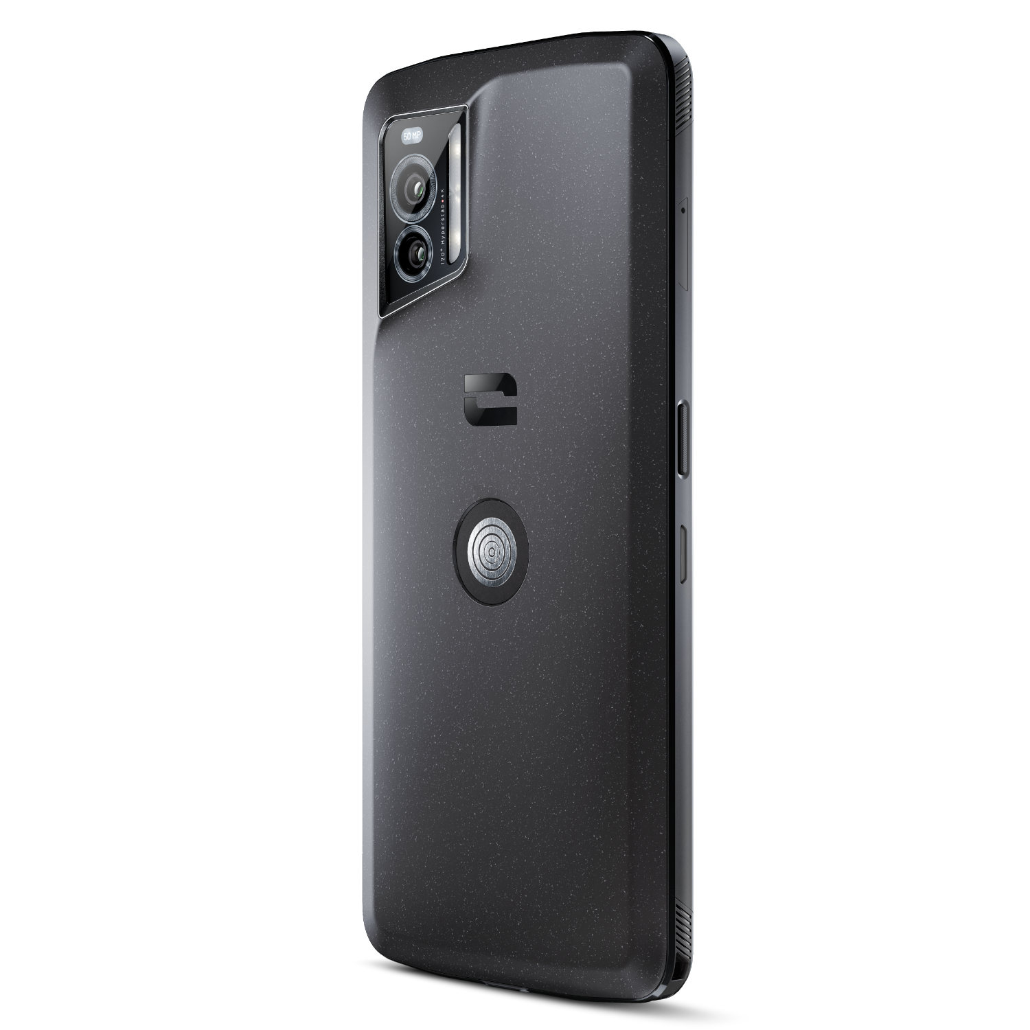 Smartphone gris foncé avec caméra multi-lentilles et capteur d'empreintes digitales.