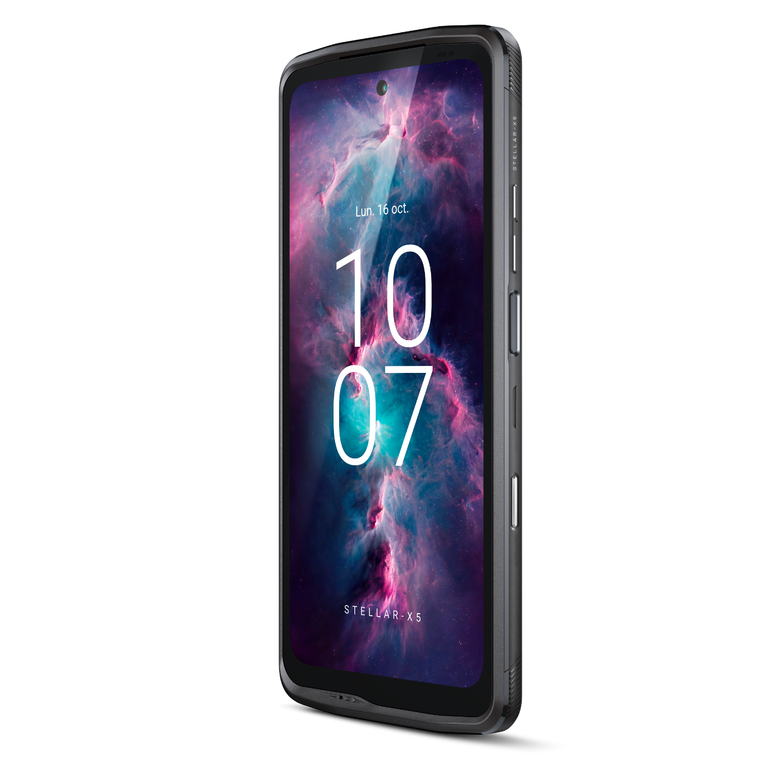 Smartphone noir avec un grand écran affichant une image sur le thème de l'espace. Fond noir. Le jour et l'heure sont visibles.