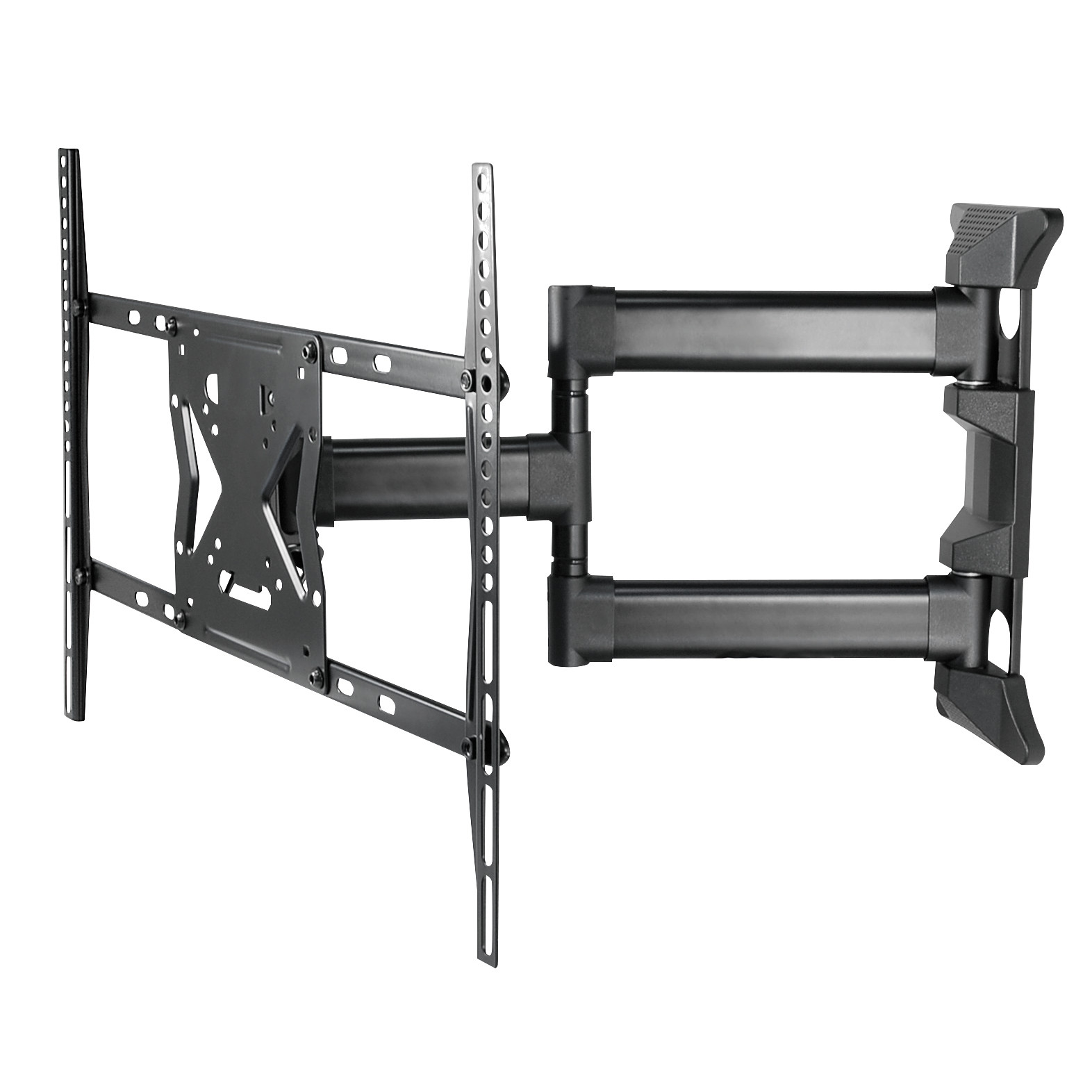 Schwarze TV-Wandhalterung, die sich von der Wand erstreckt. Sie hat mehrere Gelenke und eine Metallplatte zur Befestigung.