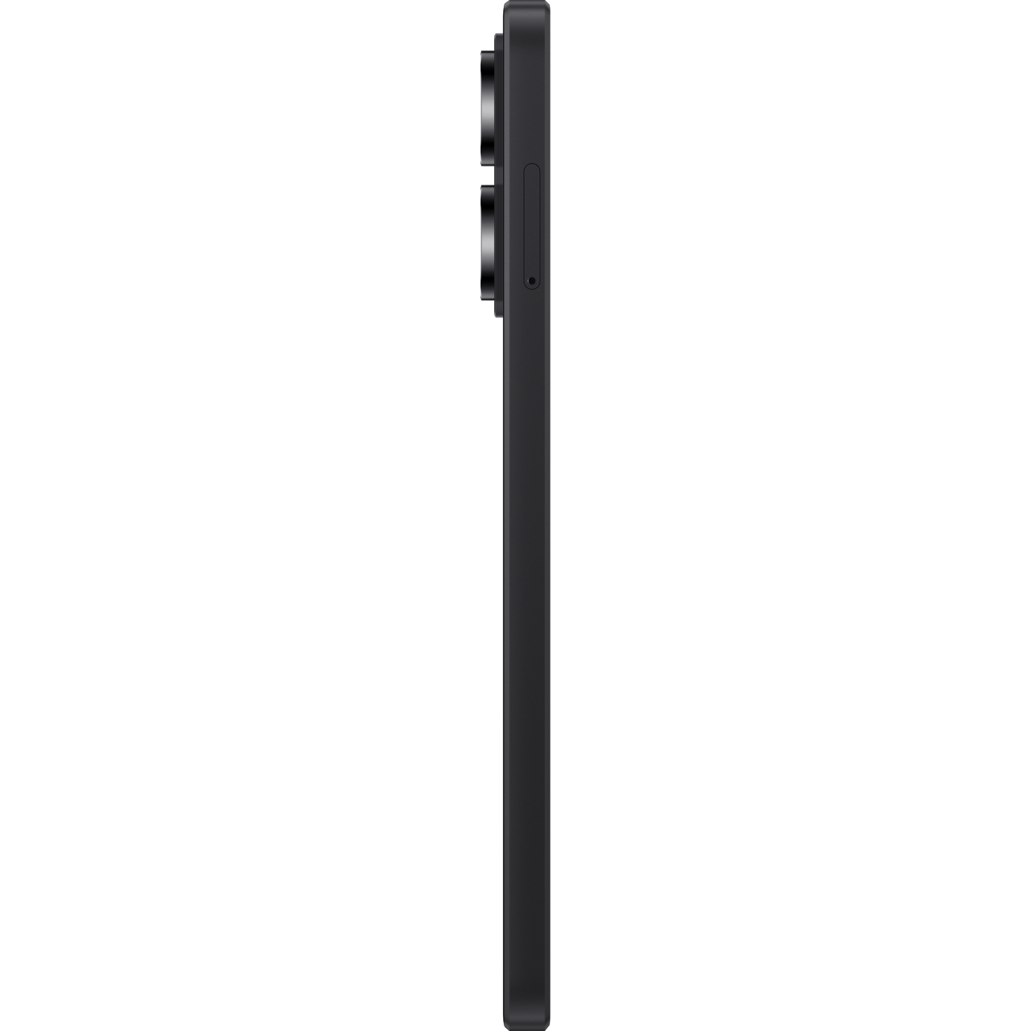 Czarny telefon, widok z boku. Zawiera przyciski i soczewki aparatu.