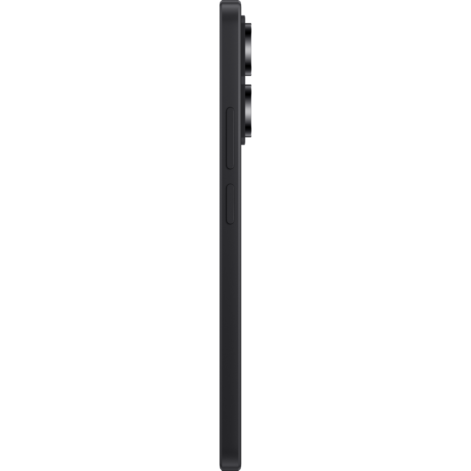 Widok z boku czarnego smartfona z aparatami. Telefon na czarnym tle.