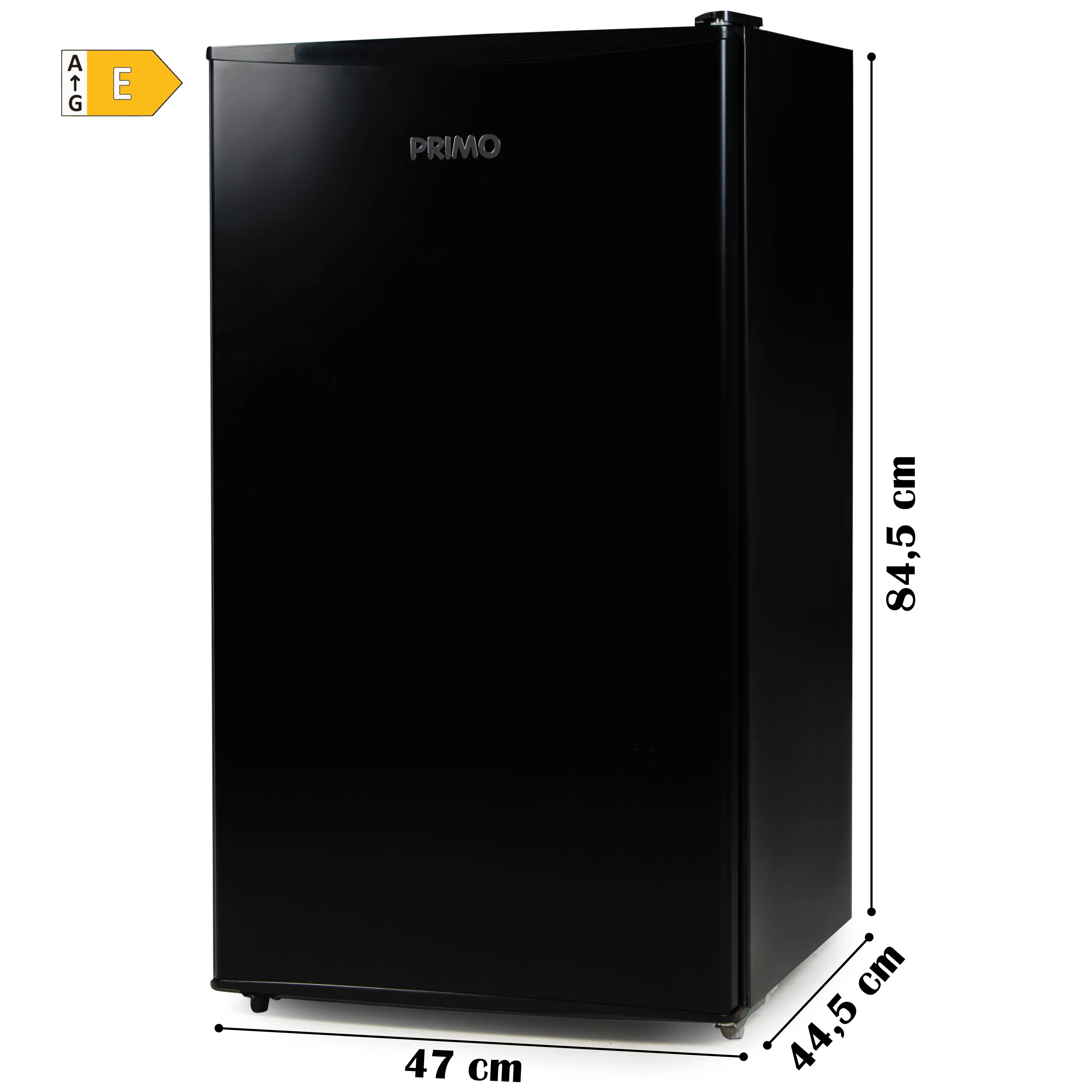 Réfrigérateur Primo noir avec dimensions : 47 cm de large, 84,5 cm de haut et 44,5 cm de profondeur.