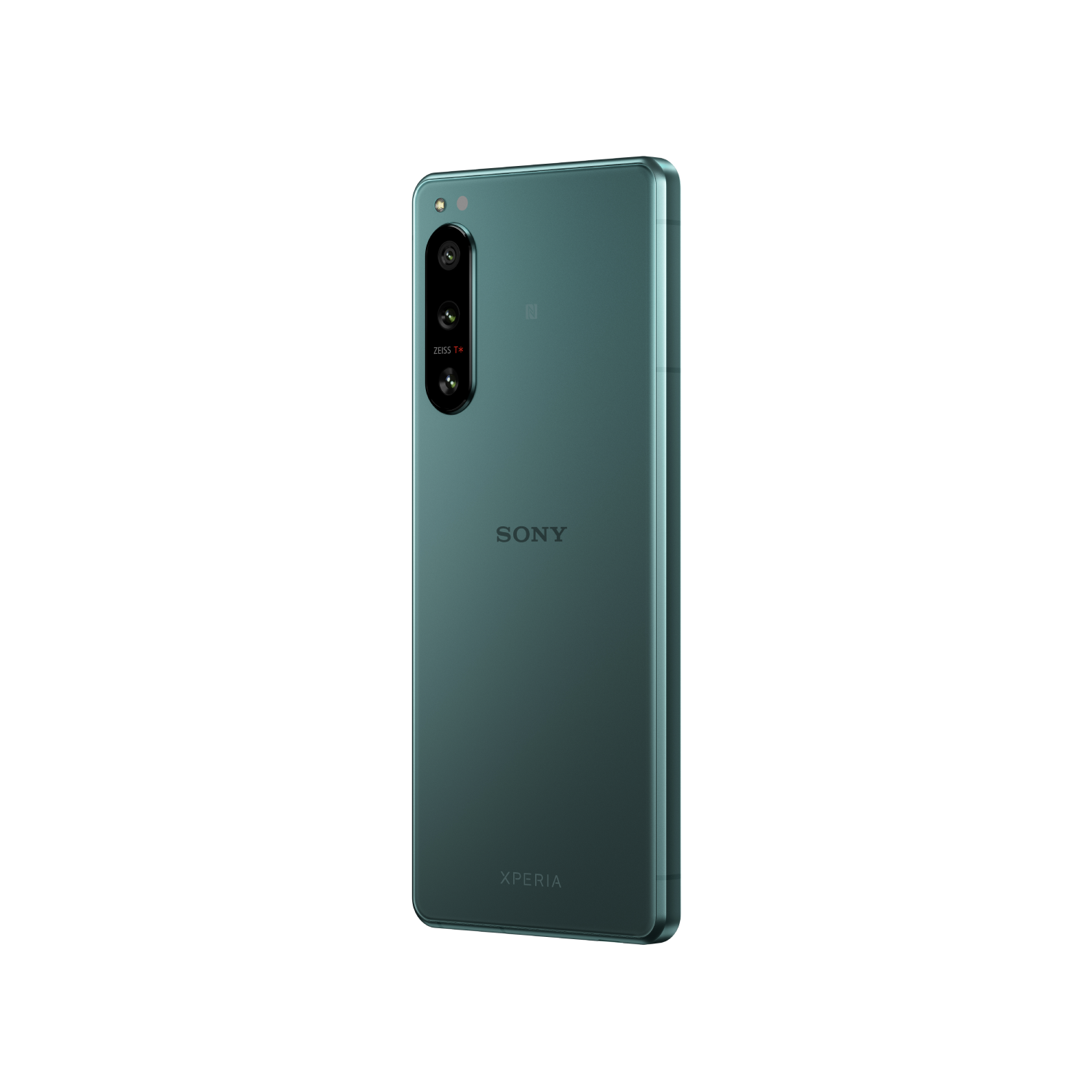 Zielony telefon Sony Xperia, widok z tyłu, z potrójnym aparatem i logo Sony.