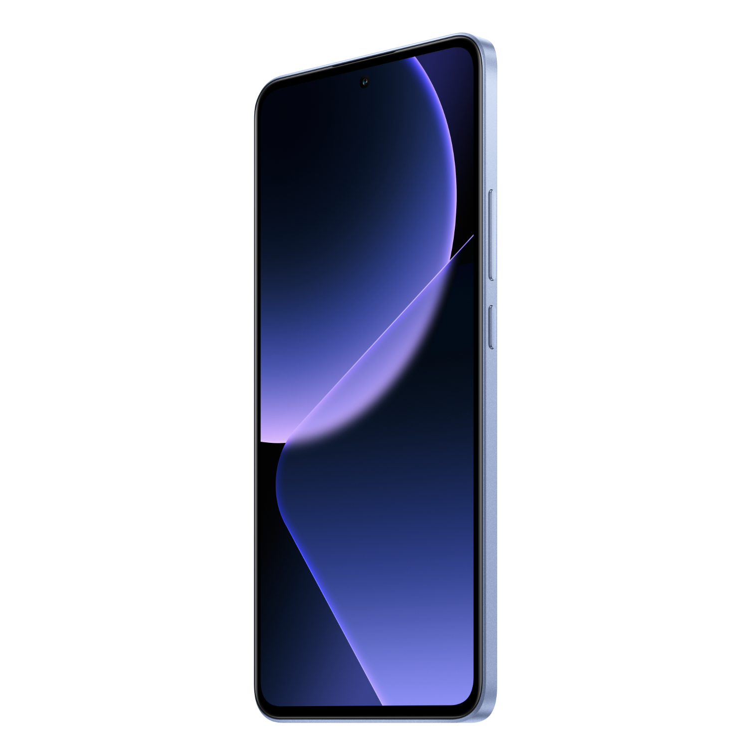 Niebieski smartfon z zakrzywionym wyświetlaczem prezentujący fioletowo-niebieski wzór.