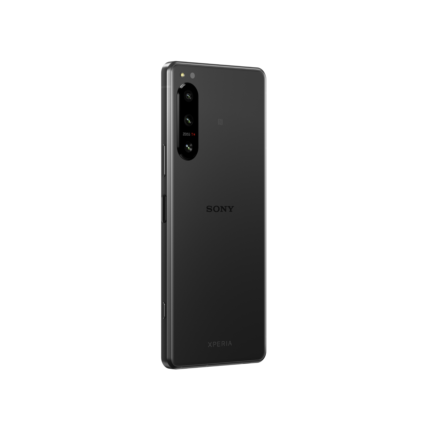 Czarny smartfon z trzema tylnymi aparatami i logo Sony na czarnym tle.