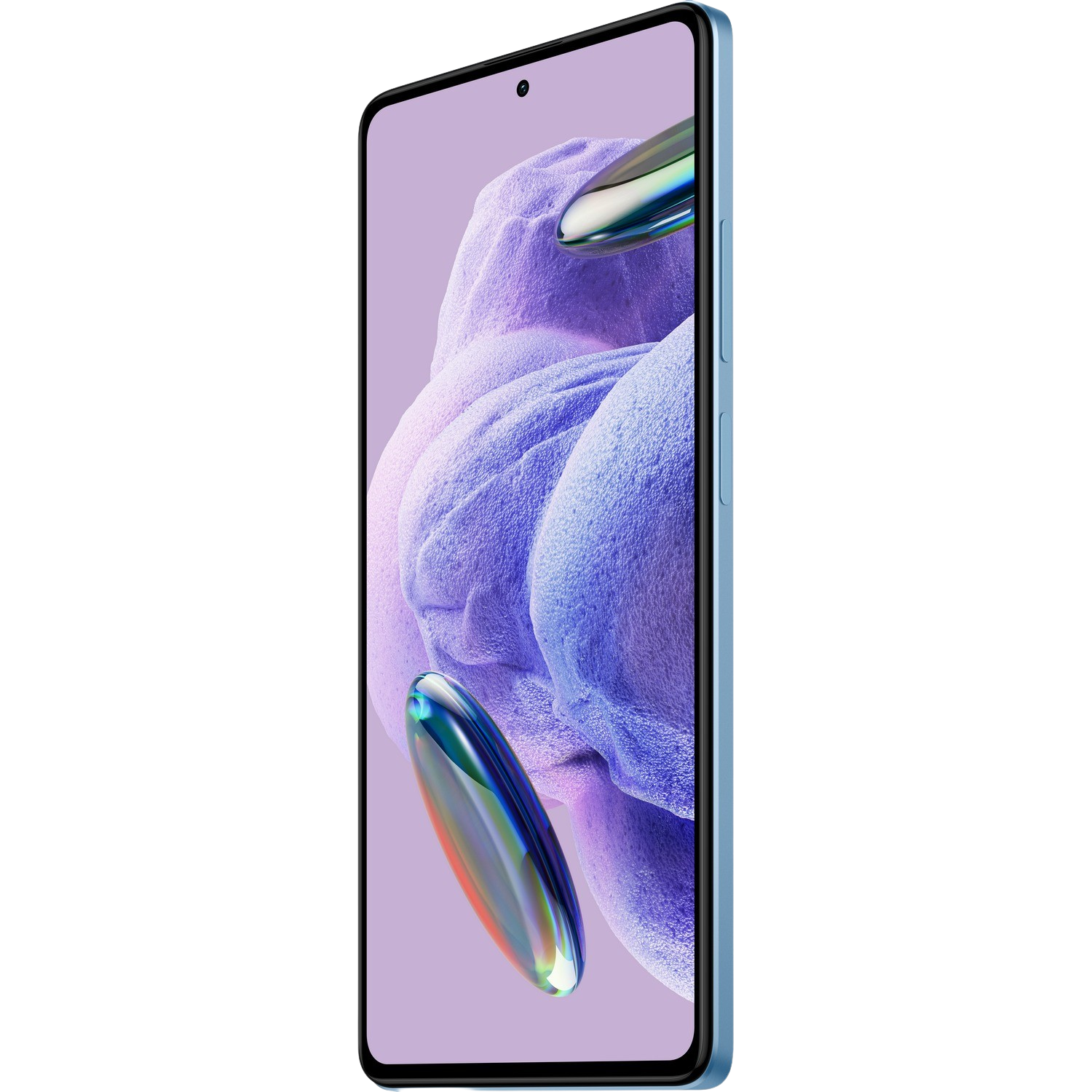 Niebieski smartfon, pod kątem, z teksturowanym fioletowym tłem na ekranie.