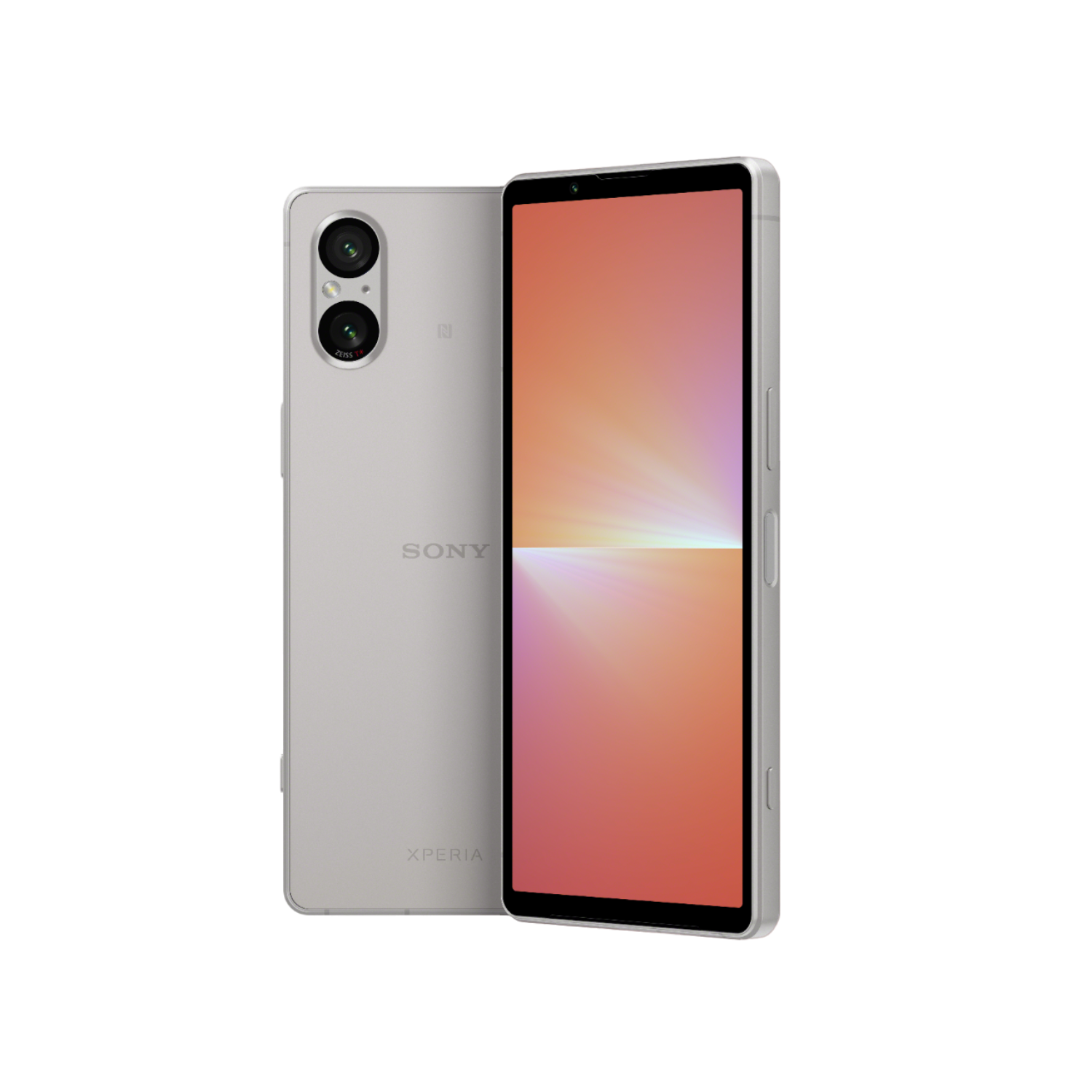 Ein hellsilbernes Smartphone steht und zeigt seinen Bildschirm.