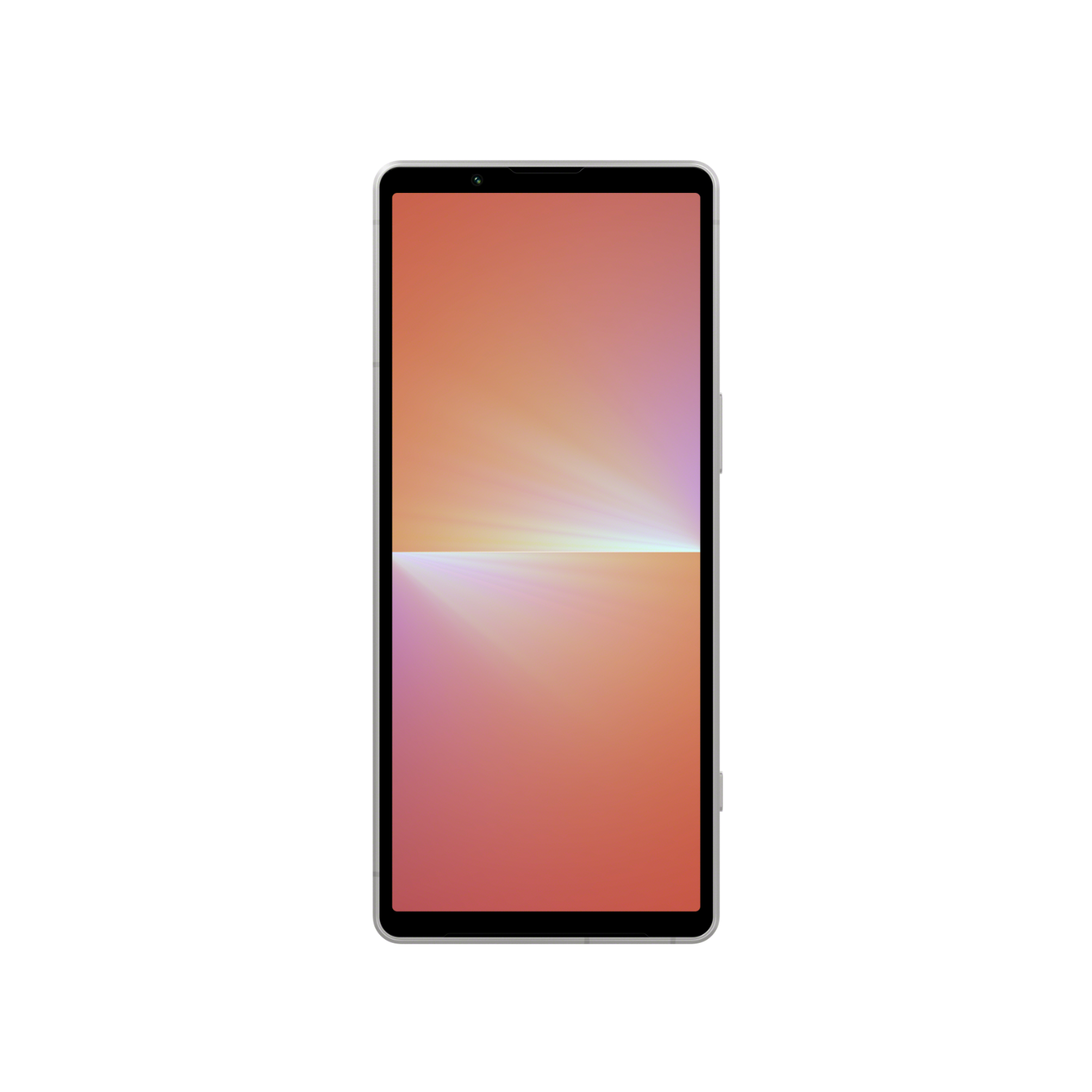 Ein silbernes Smartphone mit einem orange-pinkfarbenen Farbverlauf-Bildschirm, auf weißem Hintergrund.