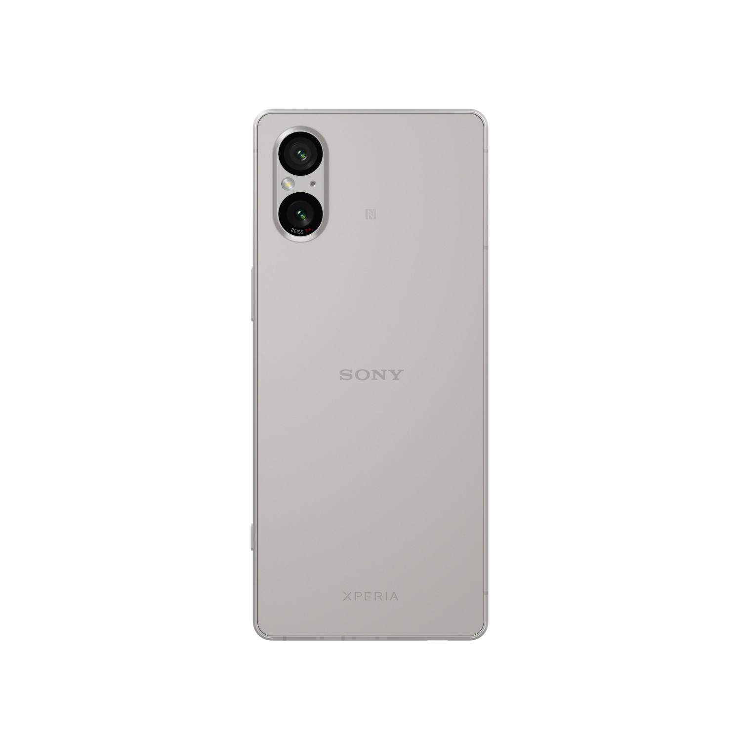 Rückansicht eines silbernen Sony Xperia-Telefons mit zwei Kameras und dem Sony-Logo. Weißer Hintergrund.