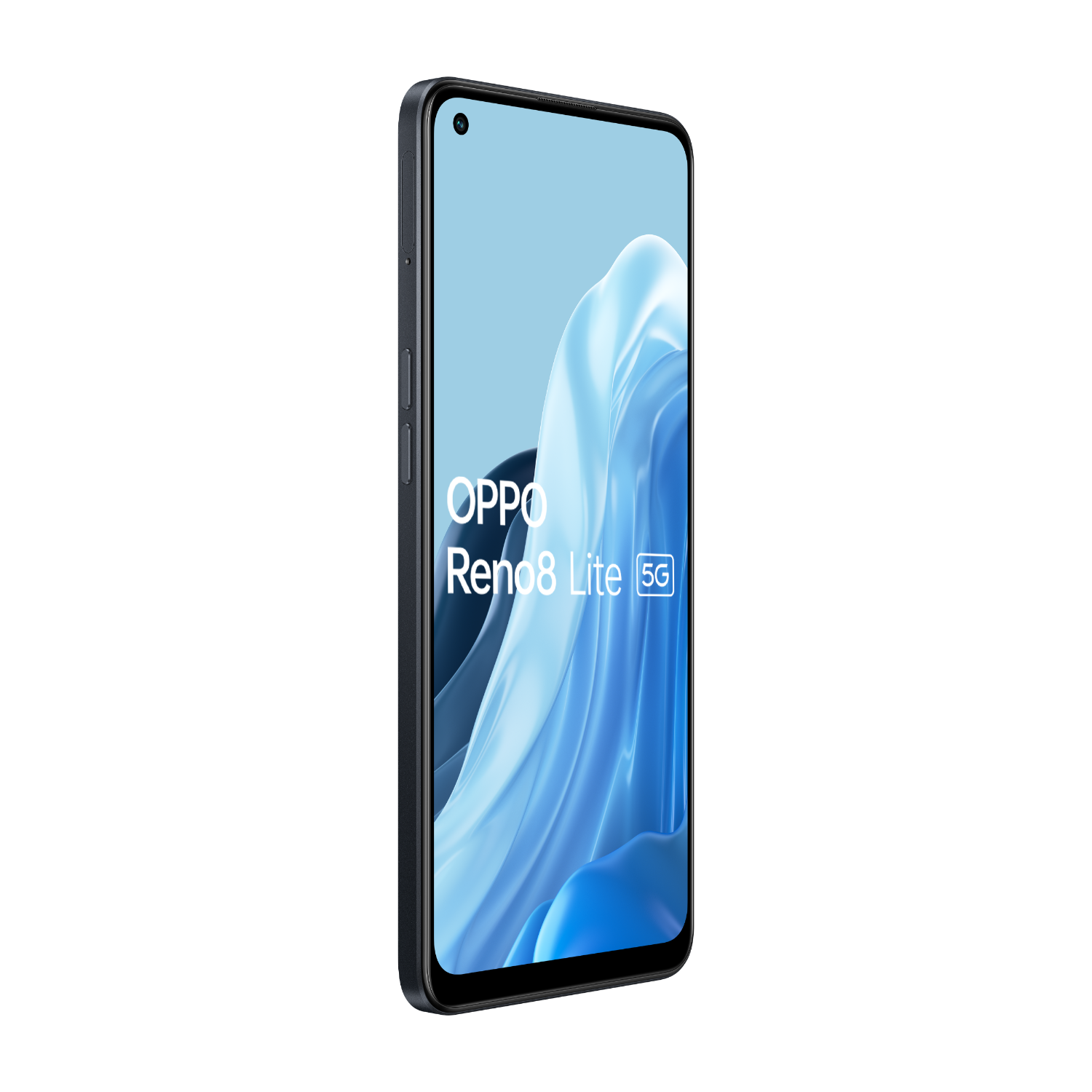 Oppo Reno8 Lite 5G Telefon. Bildschirm an. Blauer und weißer Hintergrund. Schwarzer Rahmen.