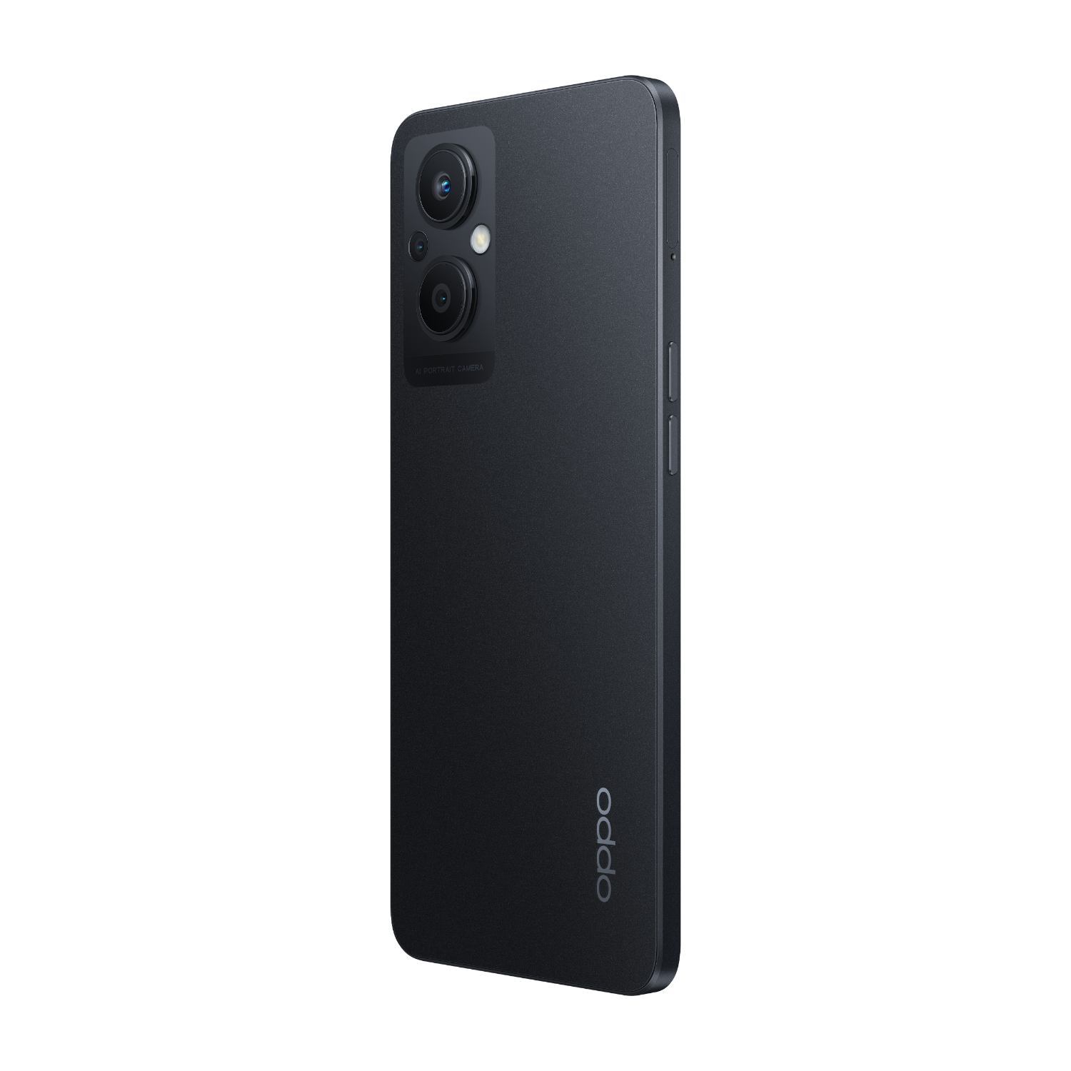 Schwarzes Oppo-Telefon, schräge Ansicht. Dual-Kamera-Setup und Power-Taste sichtbar.
