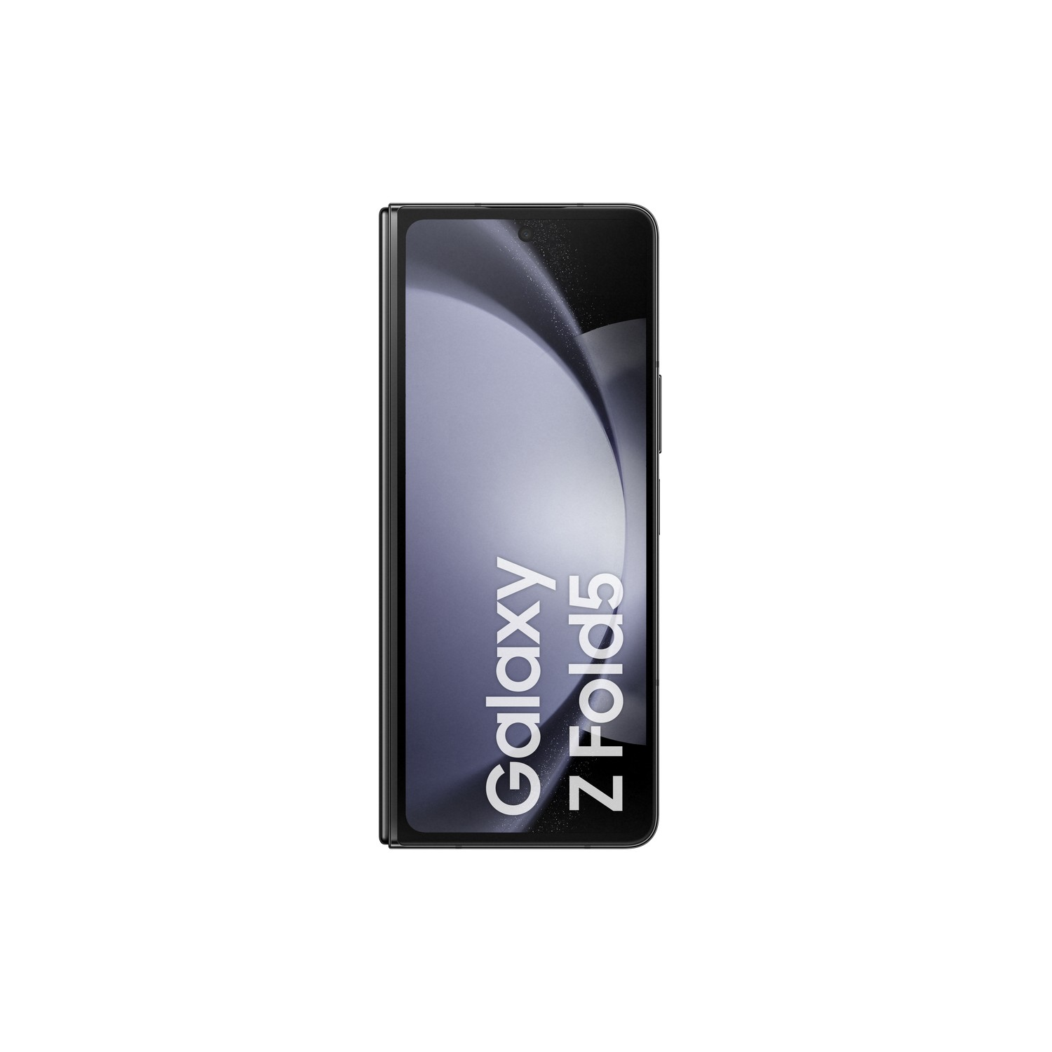 Czarny smartfon Galaxy Z Fold 5 w złożonej pozycji. Białe tło. Widoczny tekst 'Galaxy Z Fold5'.