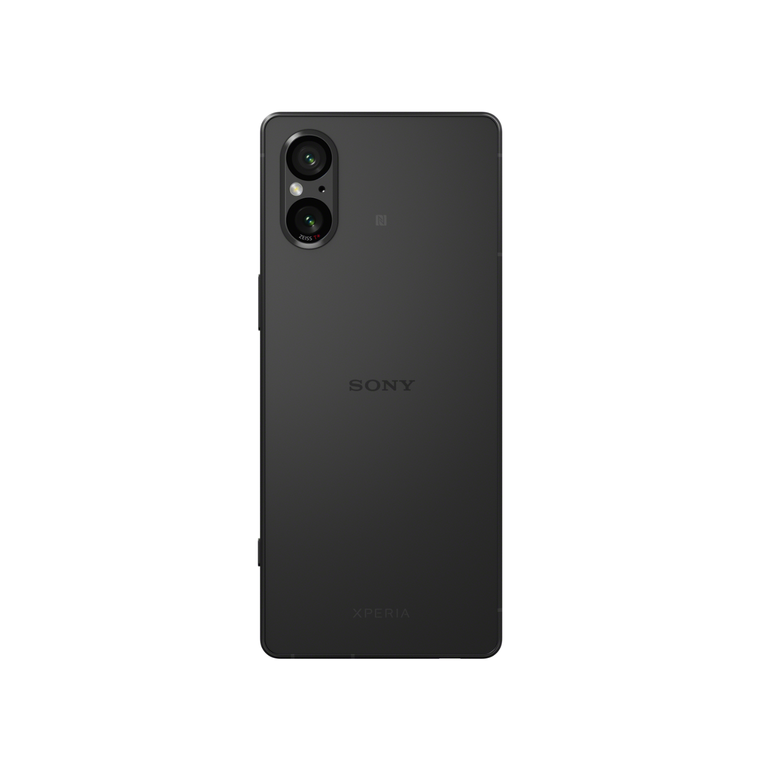 Schwarzes Smartphone, Rückansicht, mit Doppelkamara, Sony Logo, schwarzer Hintergrund.