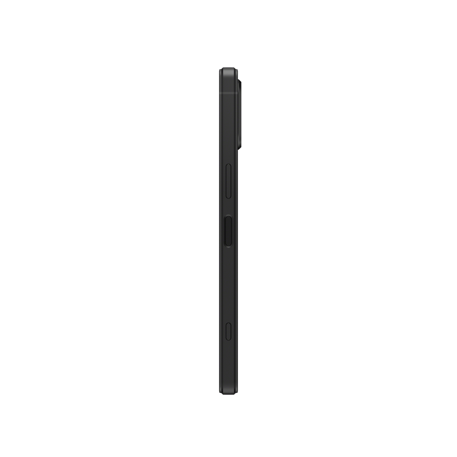 Ein schwarzes Smartphone von der Seite gesehen. Die Ein-/Aus- und Lautstärketasten sind sichtbar.
