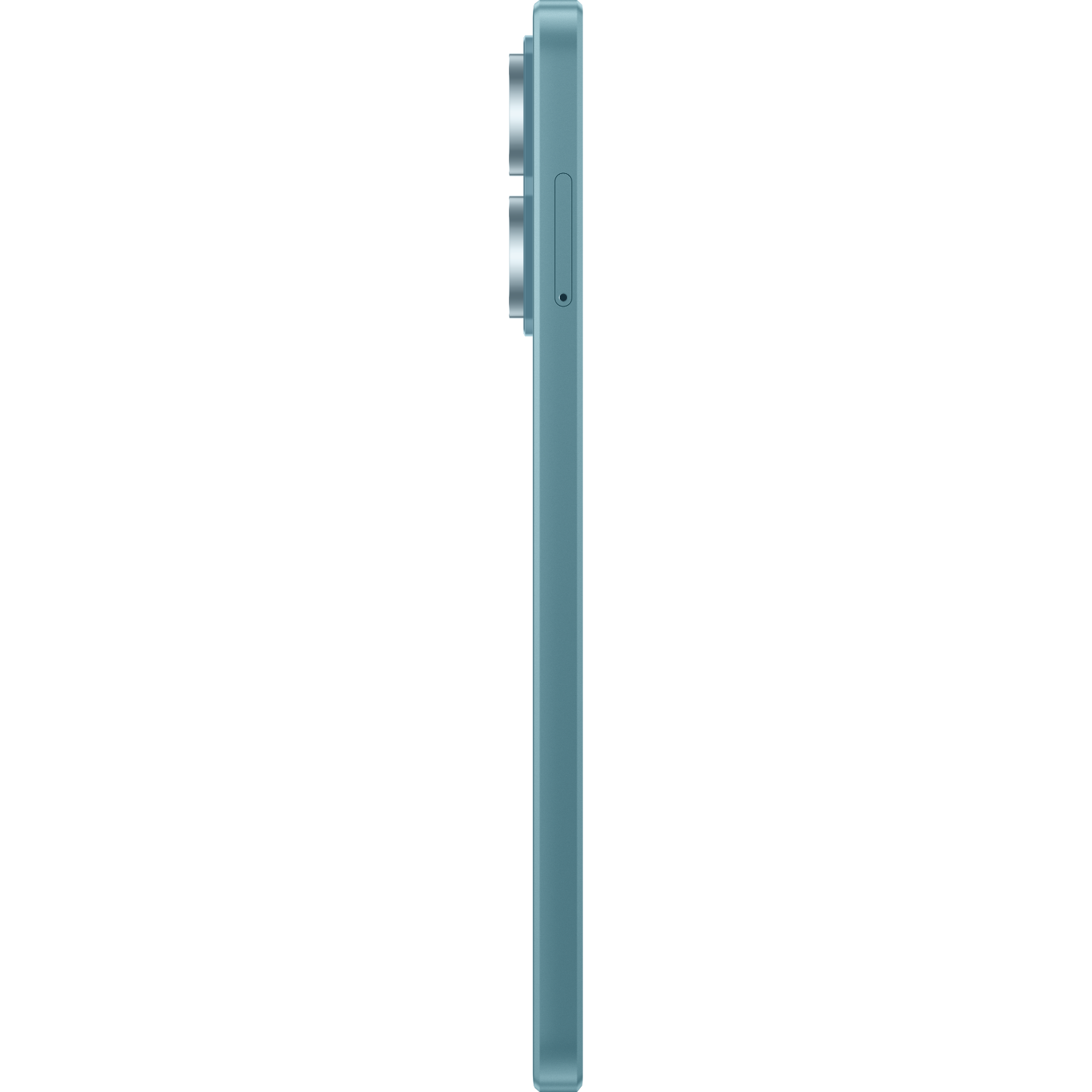 Widok z boku turkusowego smartfona. Z boku znajdują się przyciski i obiektywy aparatu.