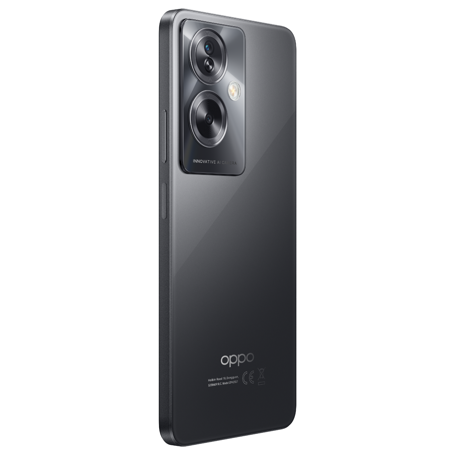 A grey smartphone with dual cameras and the Oppo logo on the back, seen from the back.