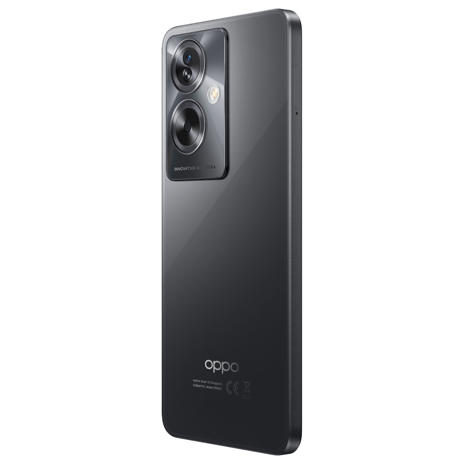 Dark grey smartphone back, with cameras, logo, and text. The back is dark grey.