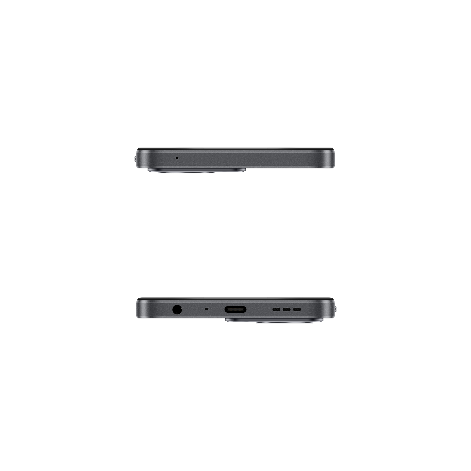Two views of a dark gray smartphone. Top view shows microphone. Bottom view shows charging port.