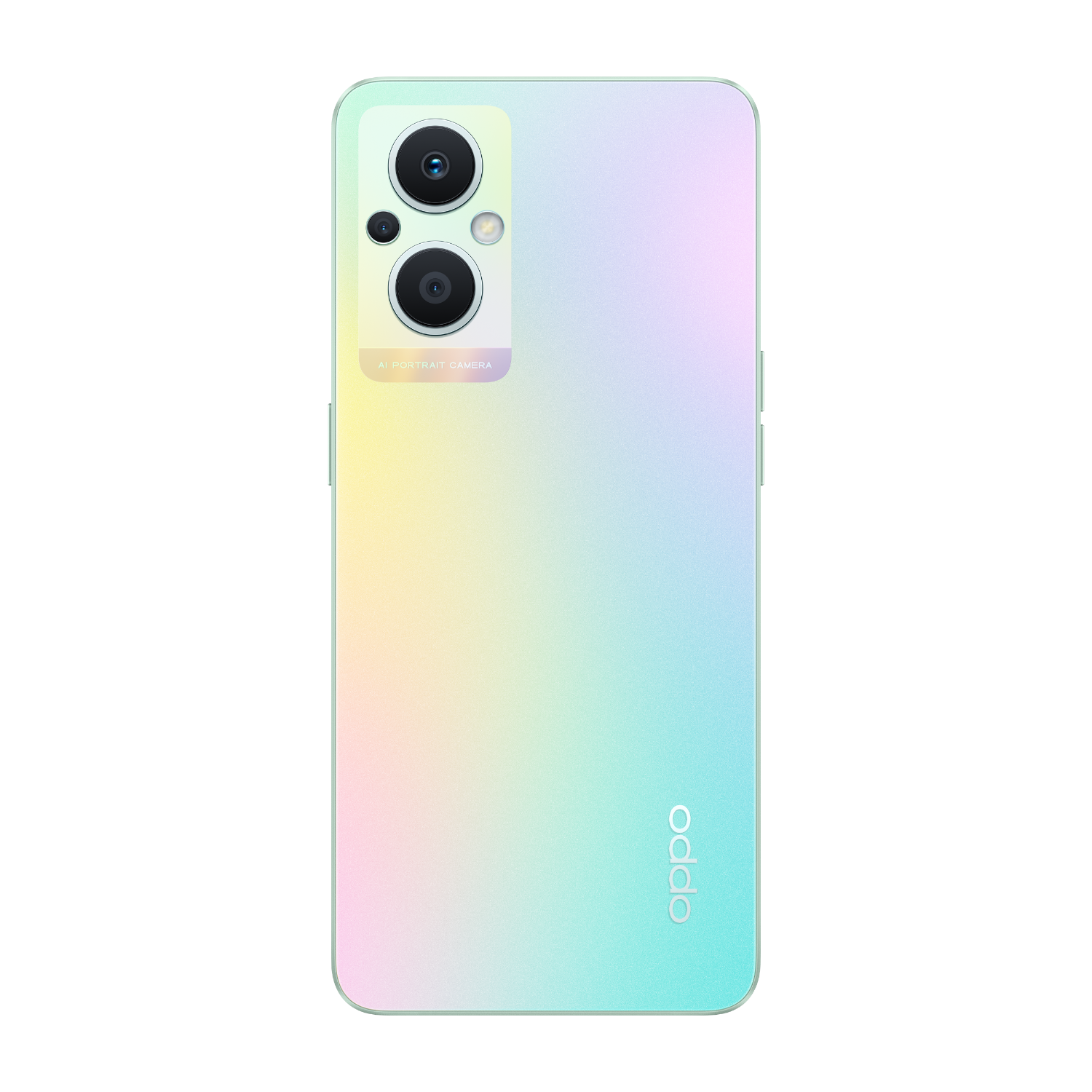 Rückseite eines Smartphones mit Farbverlauf. Das Telefon hat zwei Kameras und einen Blitz. Der Markenname Oppo steht unten.