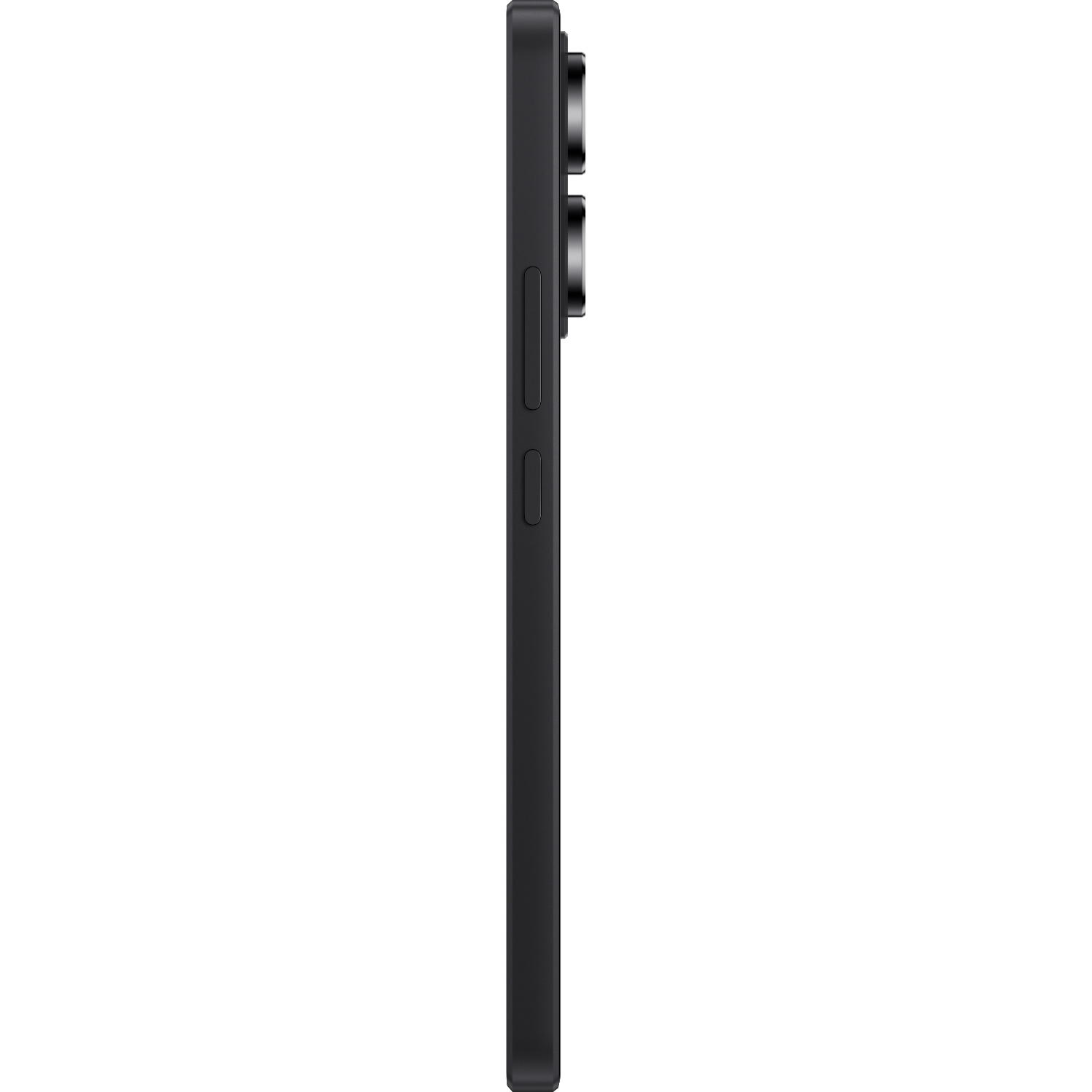 Widok z boku czarnego telefonu. Widoczne obiektywy aparatu i przyciski. Czarne tło.