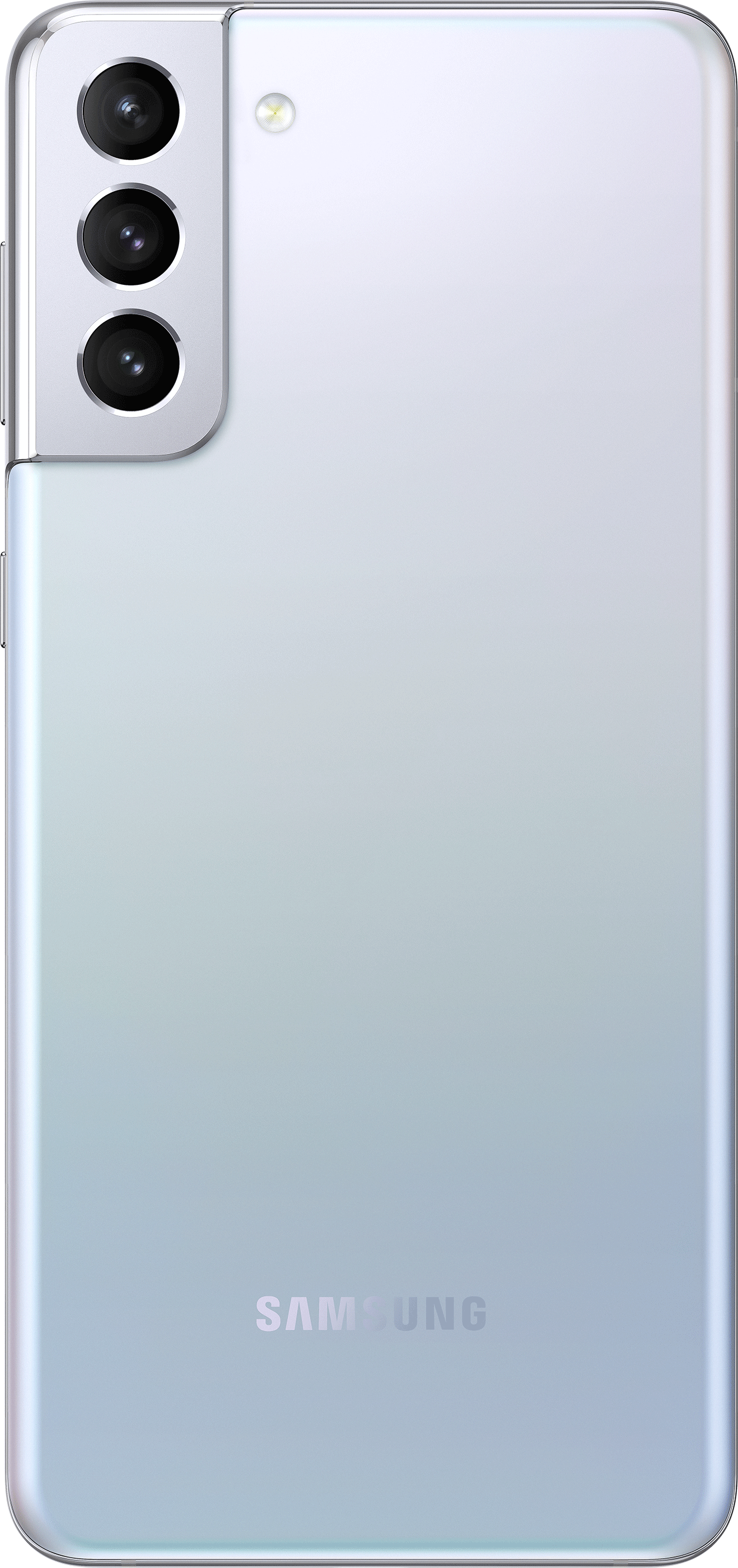 Hellblaues Smartphone mit drei Kameras und Samsung Logo.