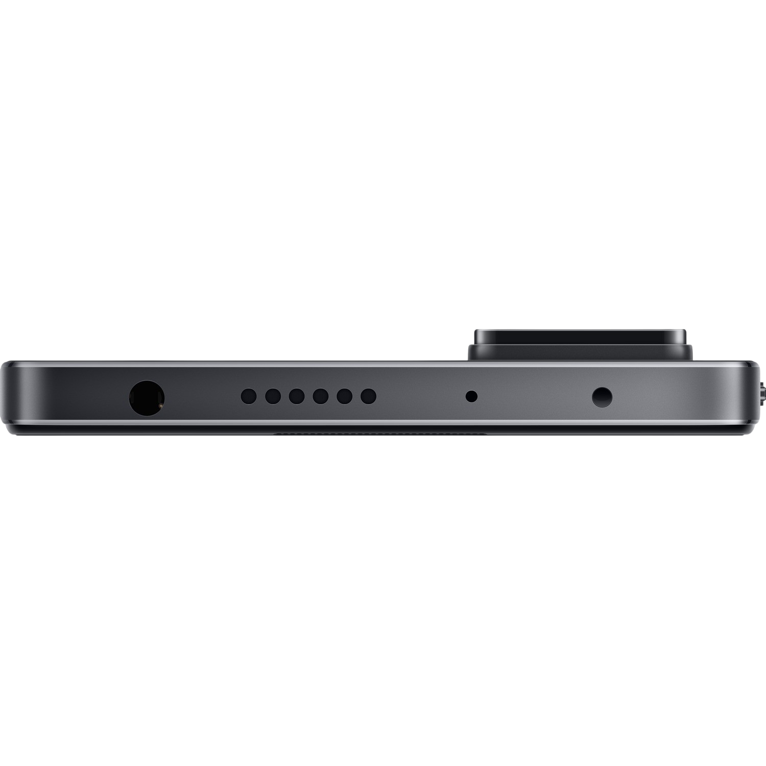 Czarny telefon, widok od dołu. Widoczne głośniki, mikrofon i port. Czarne tło.