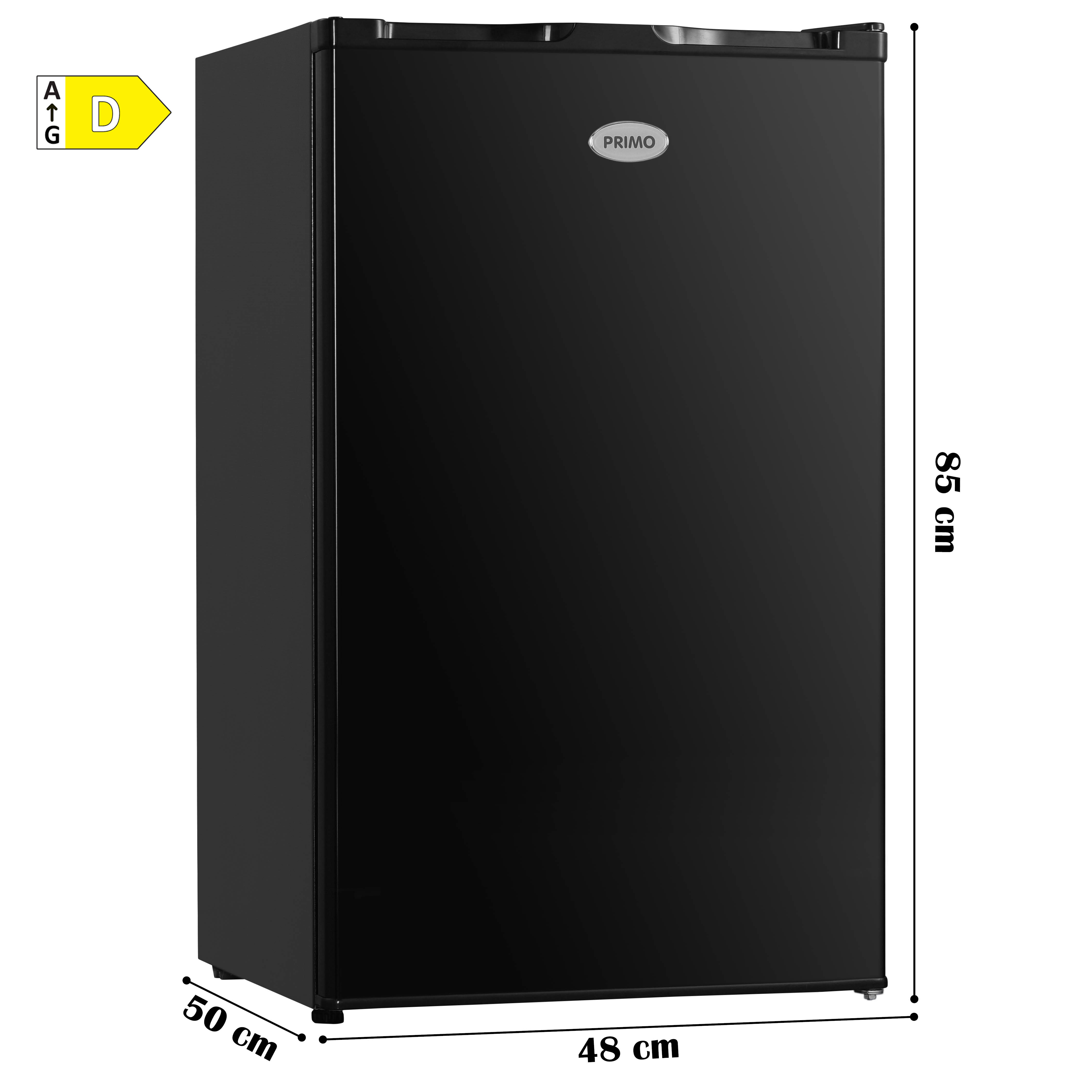 Een zwarte Primo mini-koelkast met afmetingen: 85cm hoog, 50cm breed en 48cm diep.