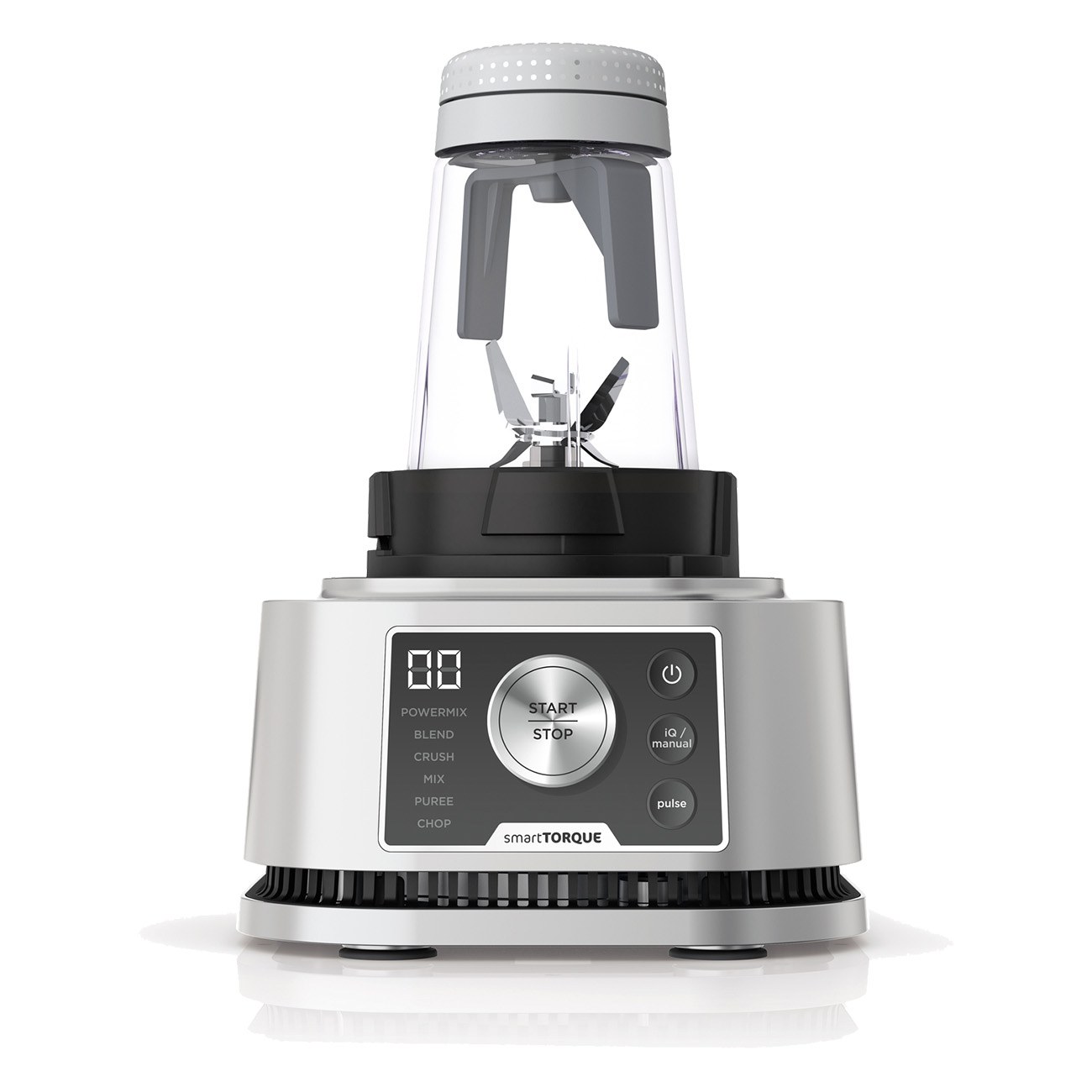 A silver and black blender with a clear container, a start/stop button and a digital screen.