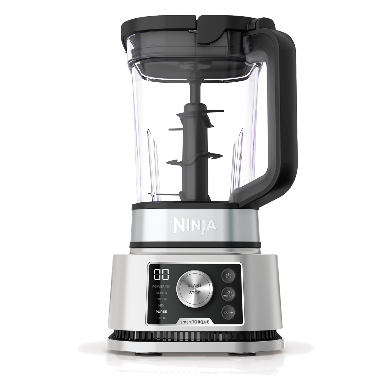 Ninja blender. Silver base with buttons. Clear pitcher with black handle. White background.