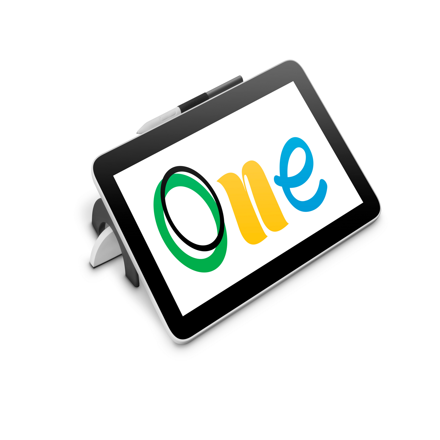 Tablet z napisem 'One' w kolorze żółtym, zielonym i niebieskim. Na tablecie leży rysik.