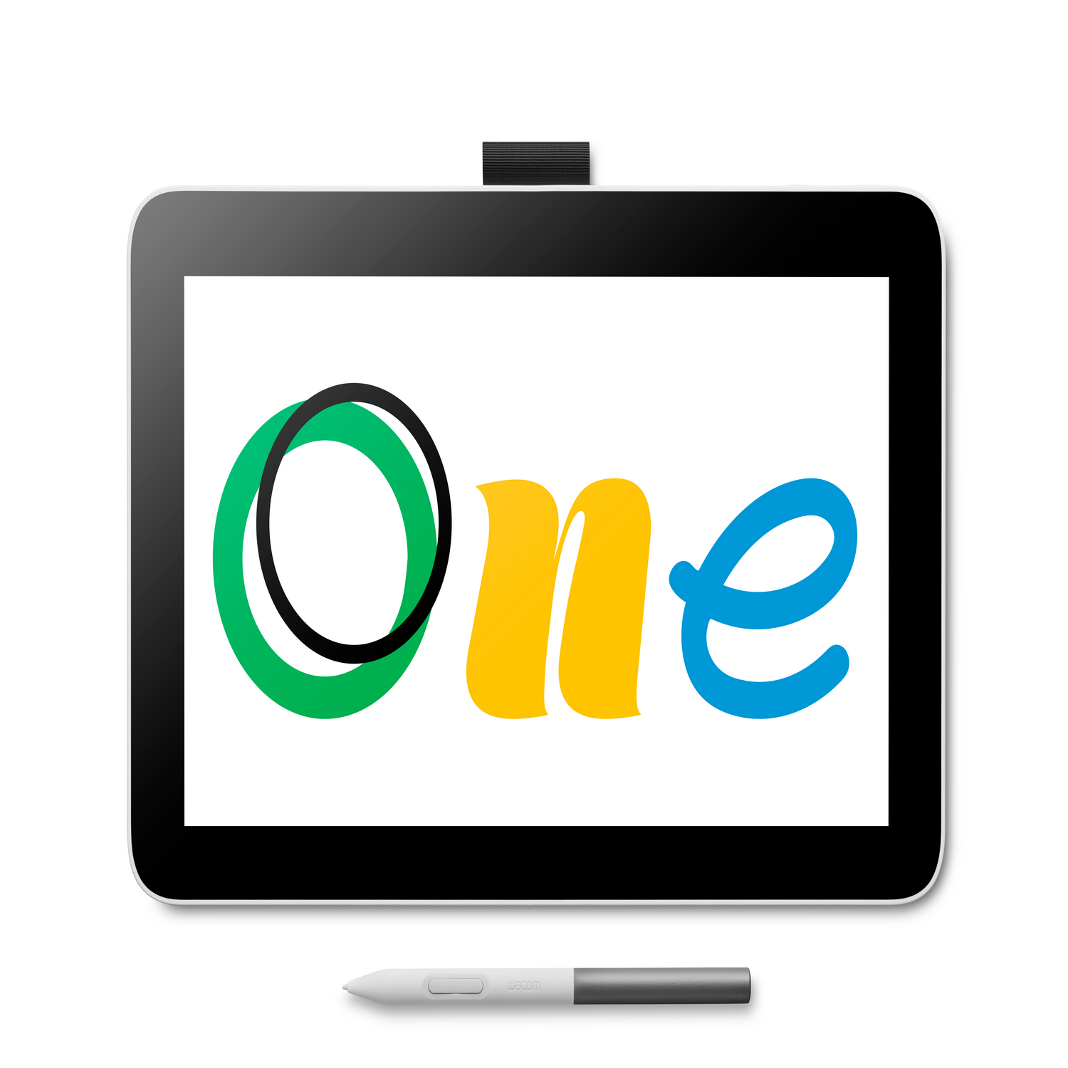 Tablet z białym ekranem i rysikiem. Wyświetlane jest słowo 'One'.