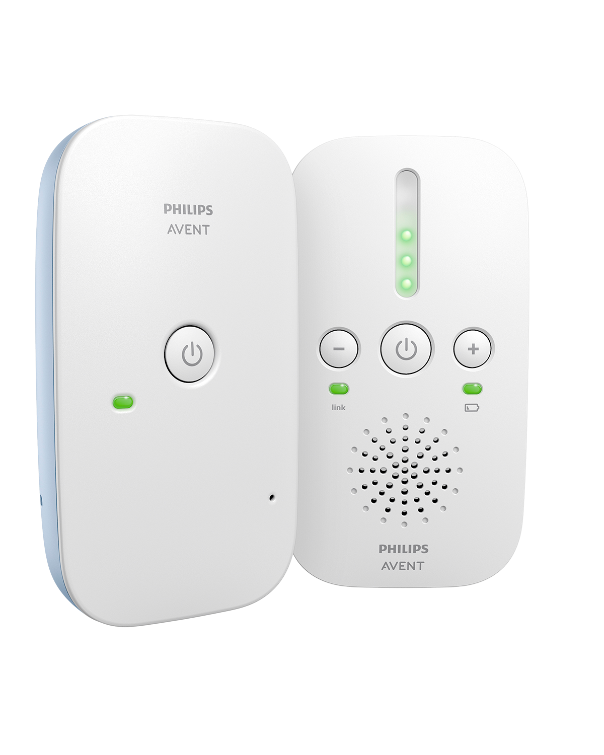 Un vigilabebés Philips Avent blanco y azul, con dos unidades.