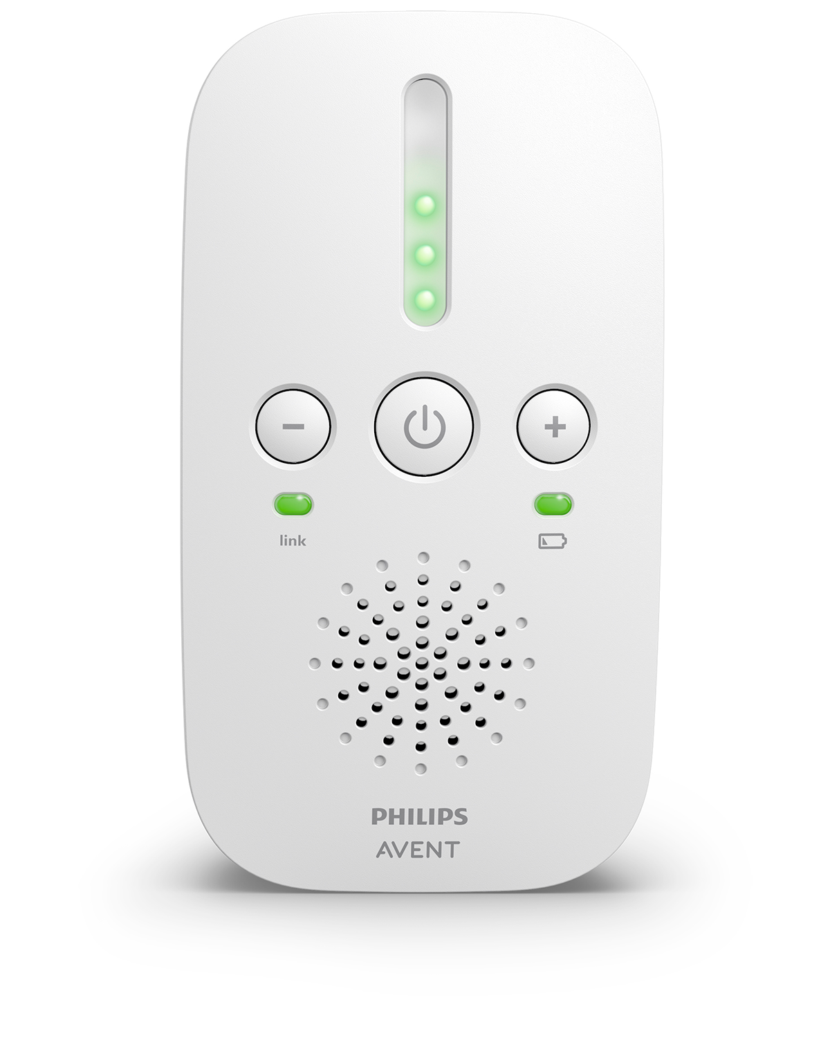 Vigilabebés blanco con botones y luces indicadoras. Tiene el logotipo de Philips Avent en la parte inferior.