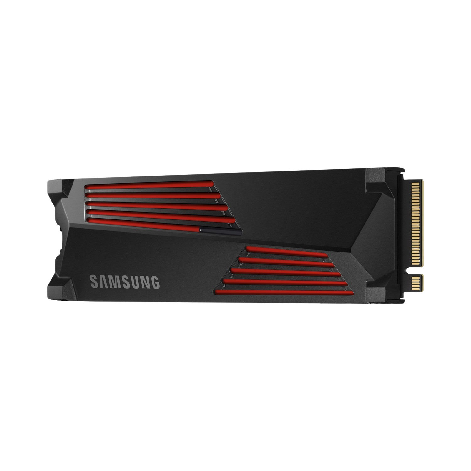 Czarny dysk SSD z czerwonymi akcentami i logo Samsunga.