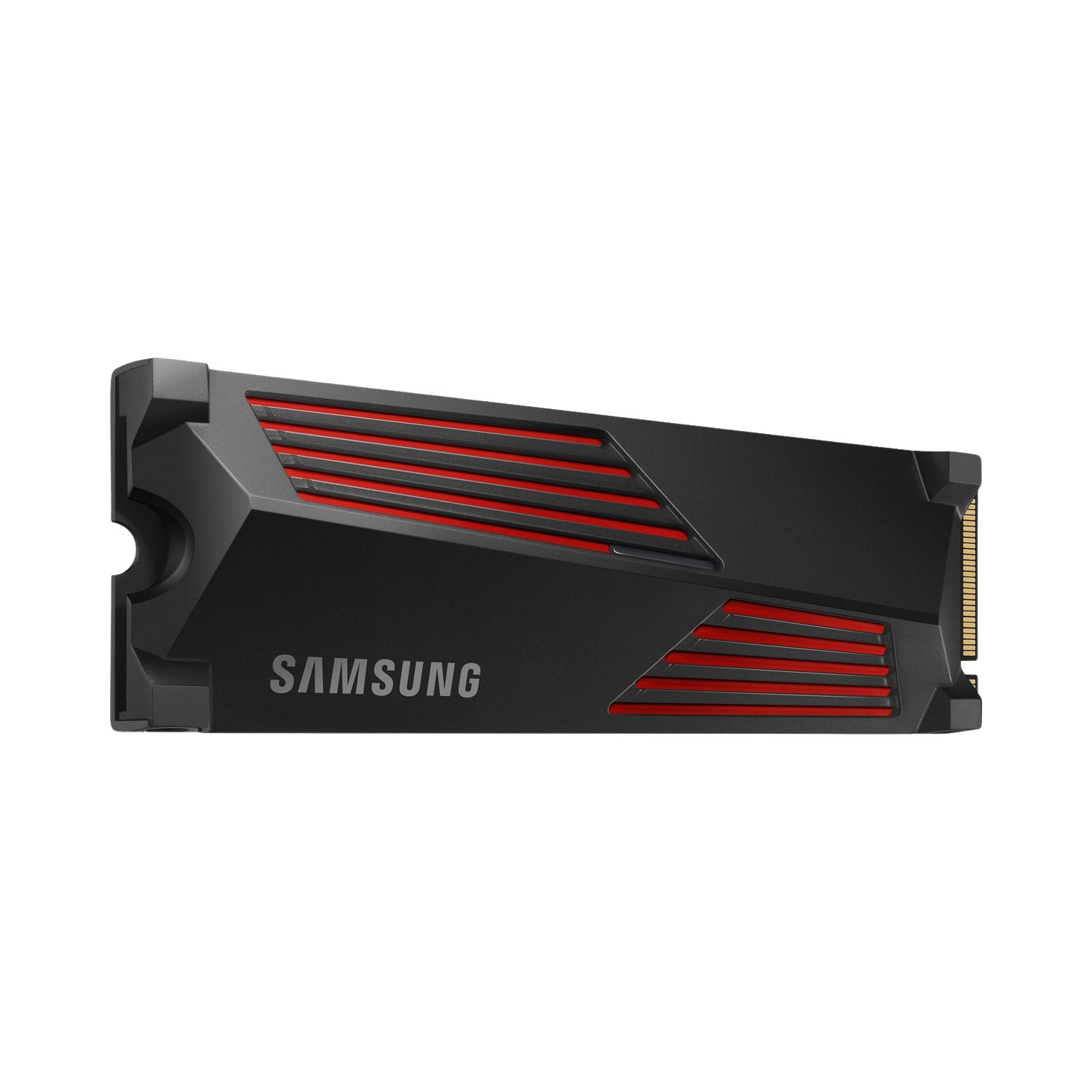 Czarny dysk SSD z czerwonymi paskami. Ma kształt prostokąta z logo Samsung.