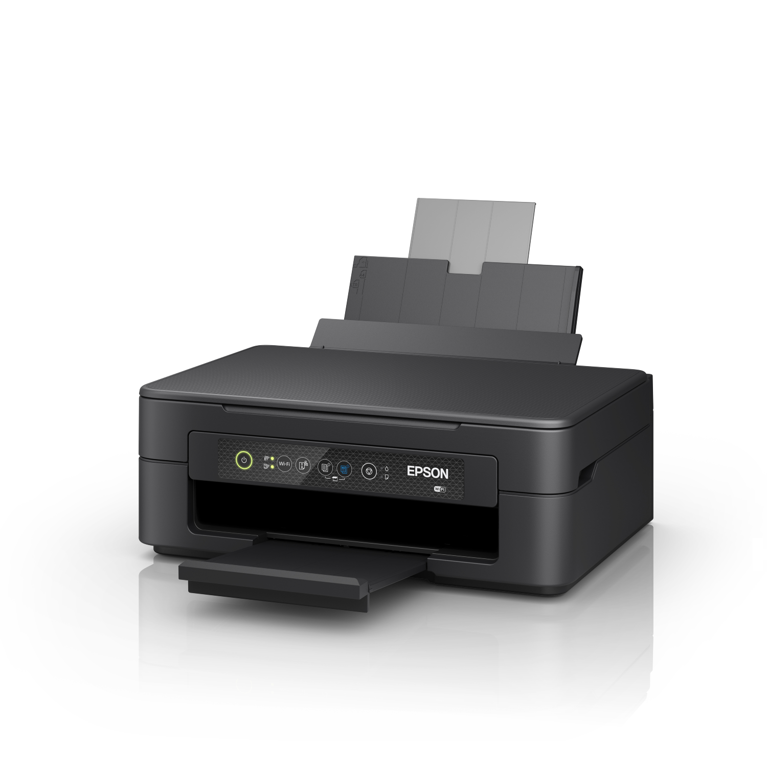 Czarna drukarka Epson, z podajnikiem i wyjściem papieru. Białe tło.