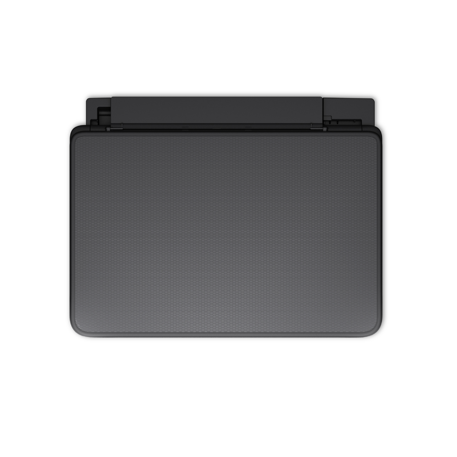 Widok z góry na czarną drukarkę z żebrowaną górą i ciemnoszarą pokrywą.