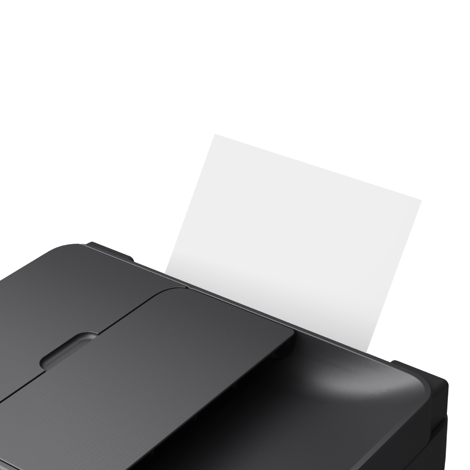 Drukarka widziana z przodu-góry, z wychodzącym papierem. Białe tło.