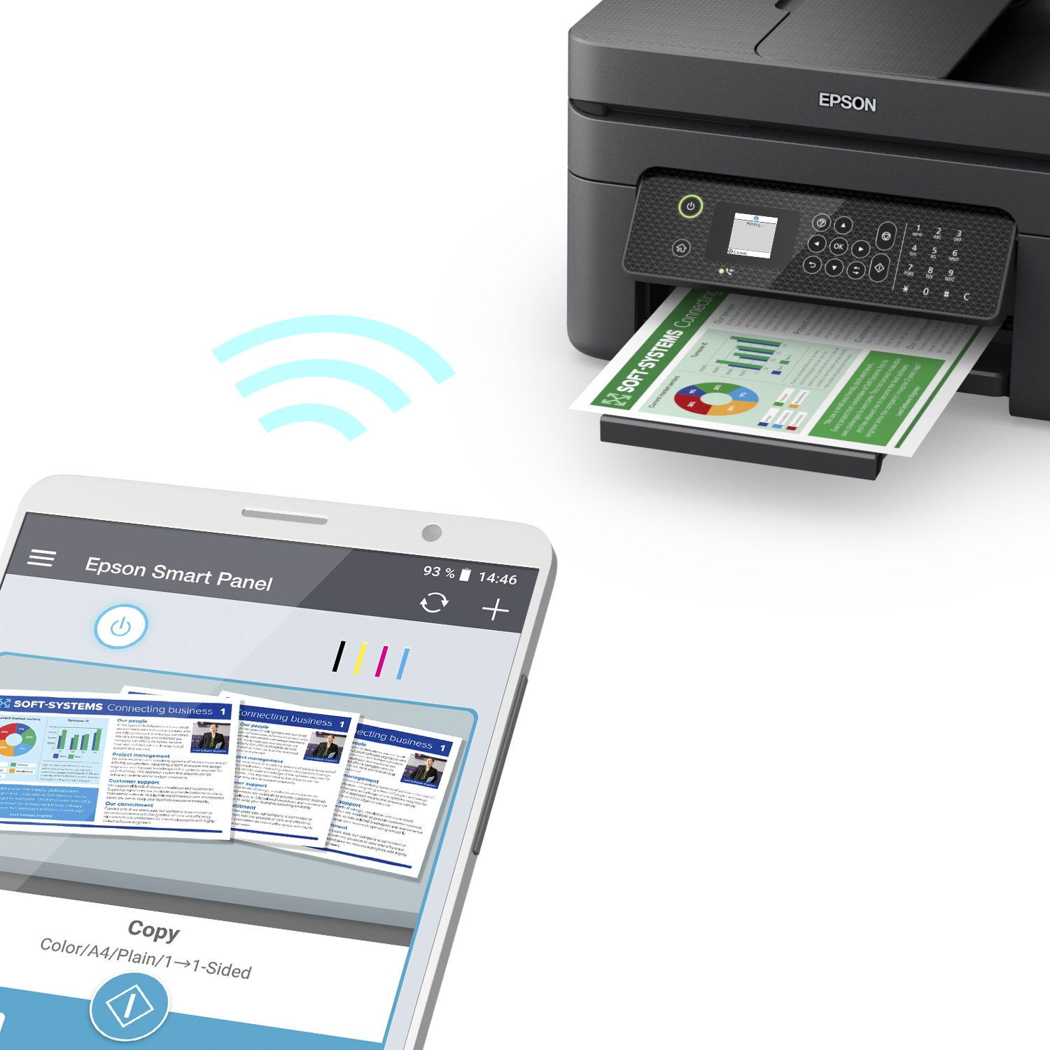 Drukarka Epson drukuje kolorowy dokument. Smartfon z aplikacją Epson Smart Panel.