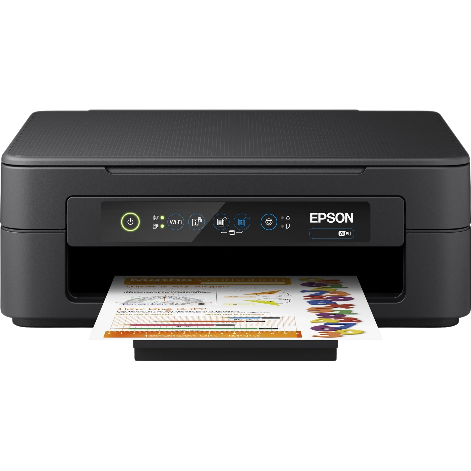 Czarna drukarka Epson z podajnikiem papieru, drukuje kolorowy dokument, białe tło.