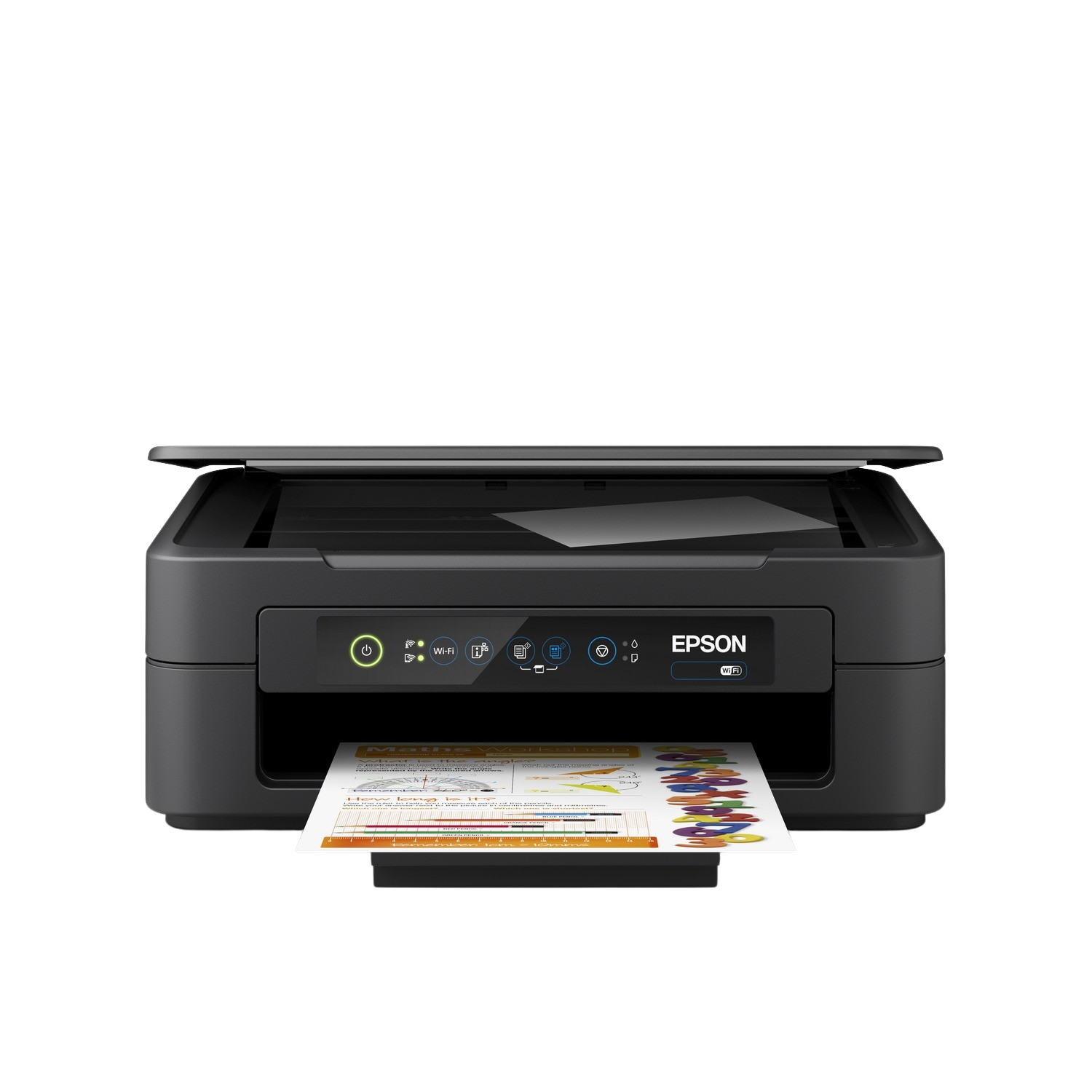 Drukarka Epson drukująca dokument. Czarno-szara drukarka na białym tle.