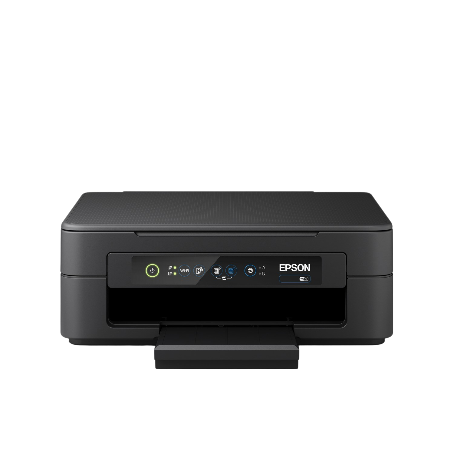Czarna drukarka Epson z panelem sterowania i podajnikiem papieru.