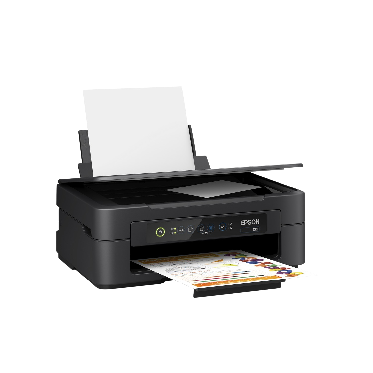 Czarna drukarka Epson z papierem wydrukowanym dokumentem. Inny papier wewnątrz.