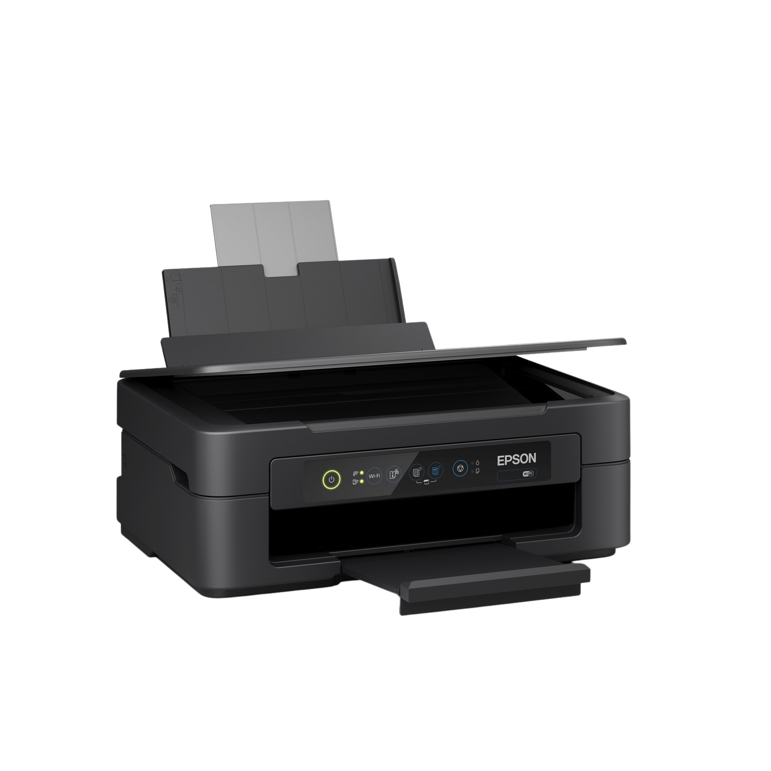 Czarna drukarka Epson z otwartą pokrywą skanera i wysuniętą tacą na papier, na czarnym tle.