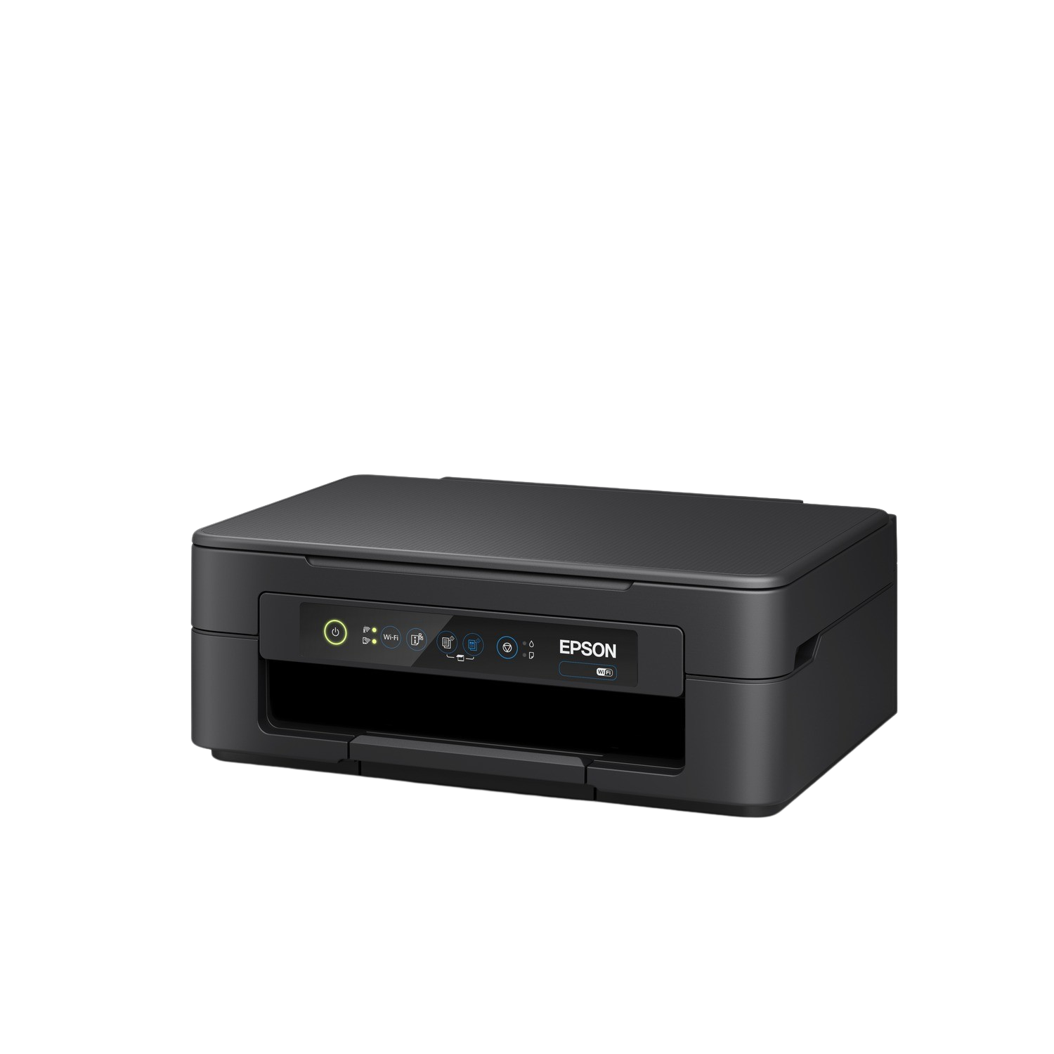 Czarna drukarka Epson na czarnym tle, z przyciskami i logo Epson.