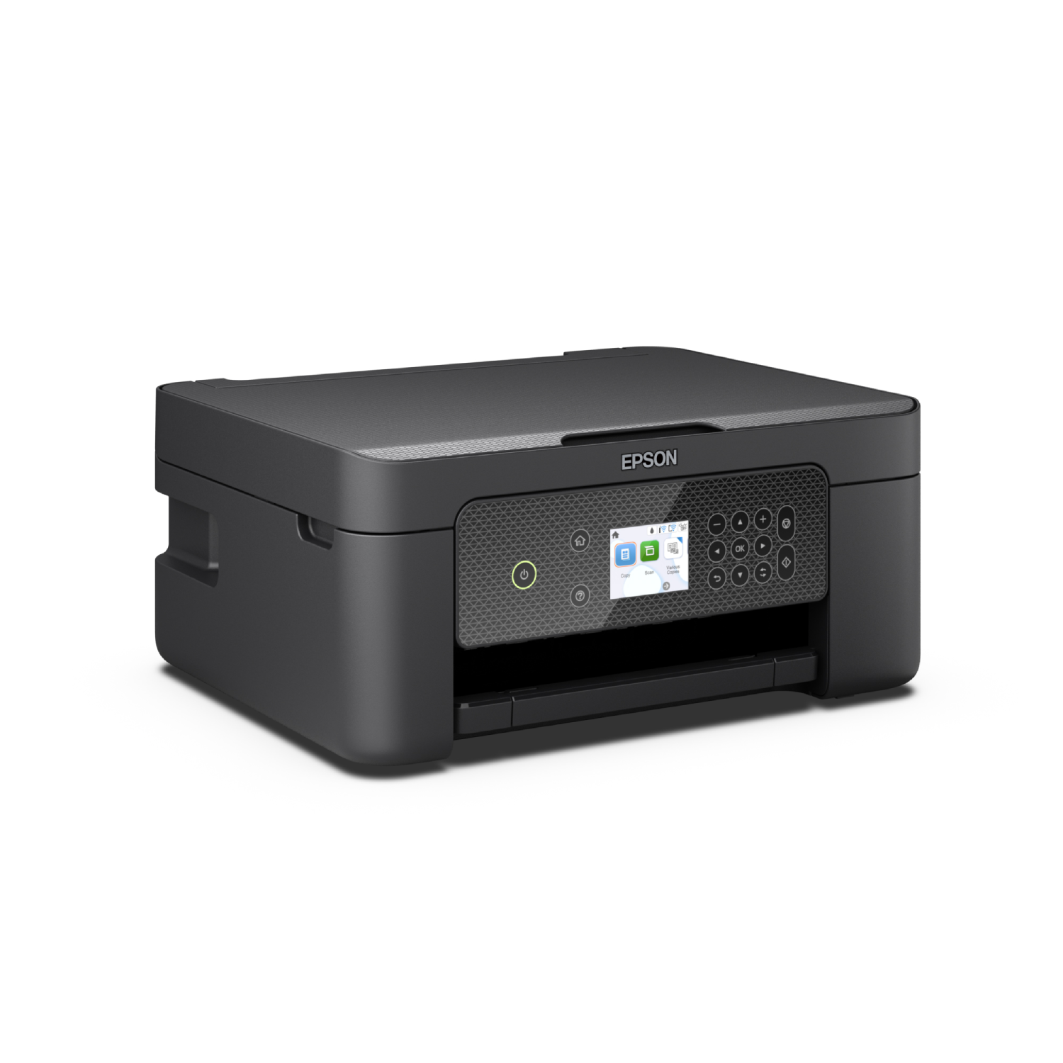 Czarna drukarka Epson na białym tle. Ma panel sterowania i podajnik papieru.