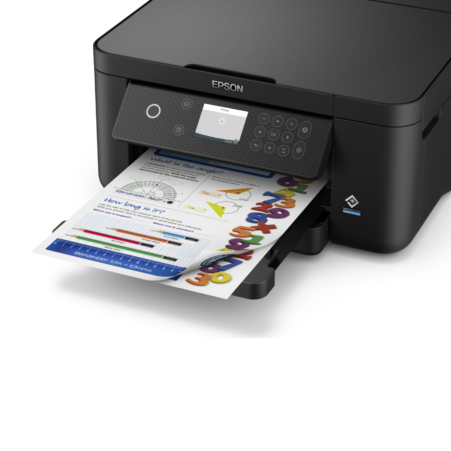 Drukarka Epson drukująca wielokolorową kartkę ze zdjęciami i tekstem o kątach i kształtach.