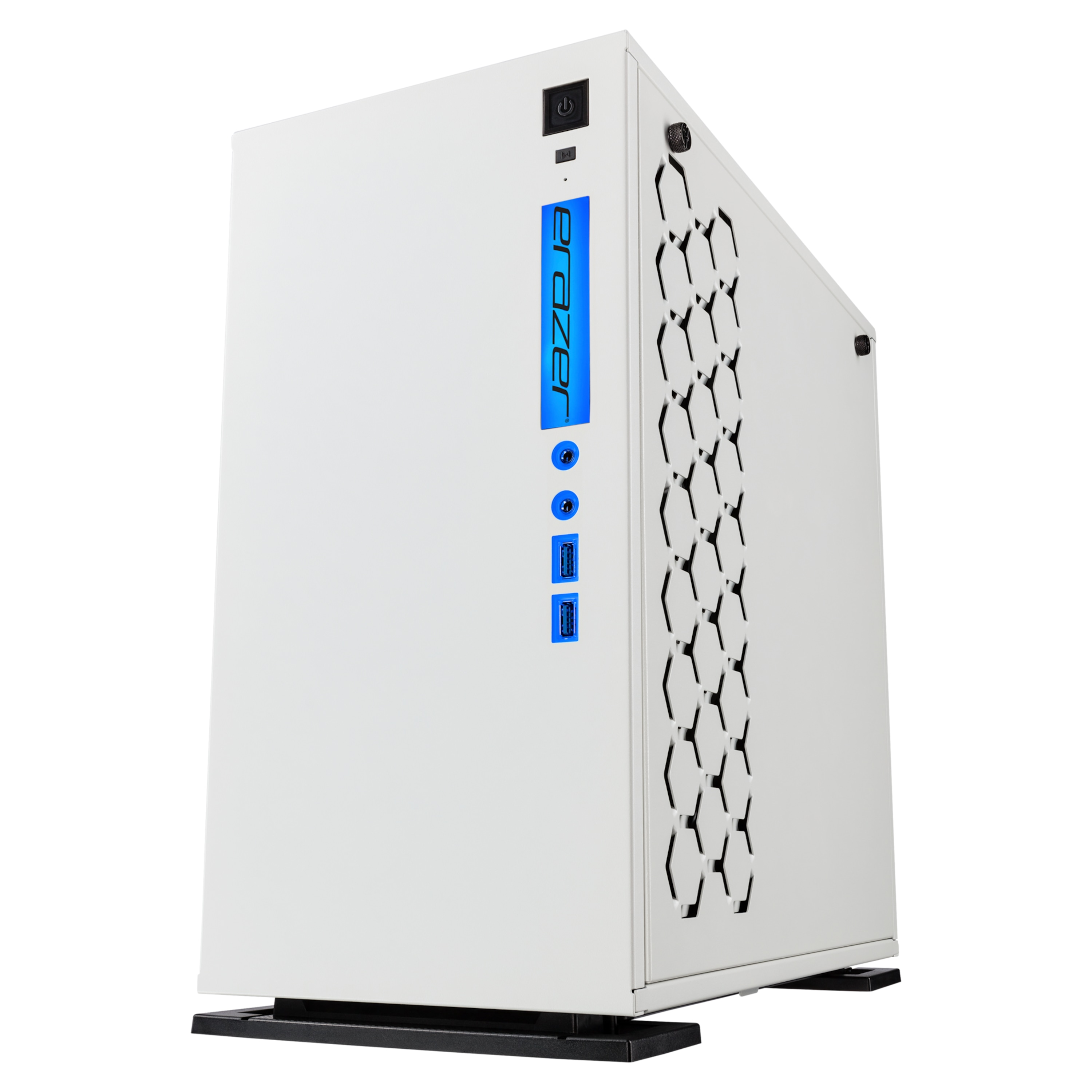Biała obudowa komputera z niebieskimi akcentami i logo Brazer. Widoczny przycisk zasilania i porty.