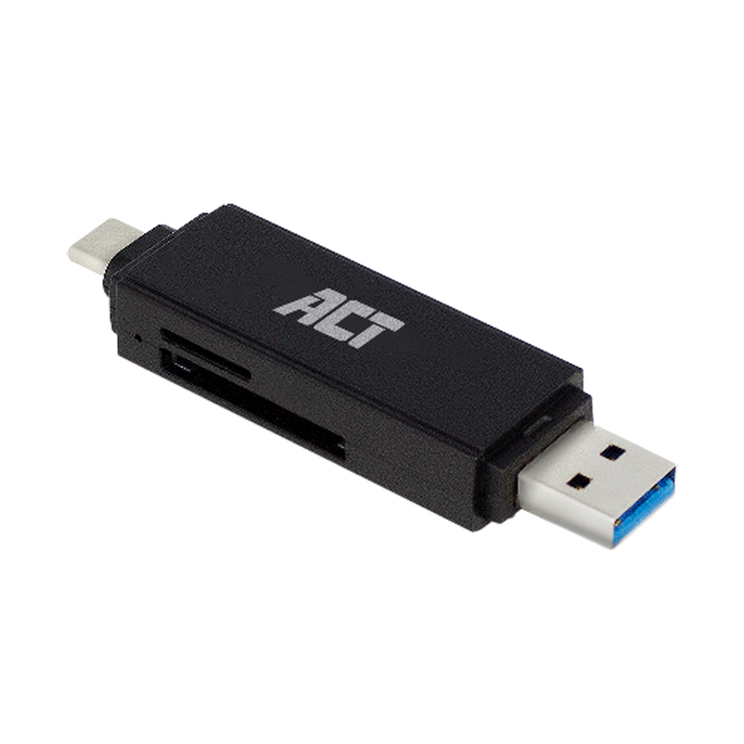 Zwarte USB-C-kaartlezer met 'ACT' erop. Het heeft USB- en USB-C-poorten aan de tegenovergestelde uiteinden.