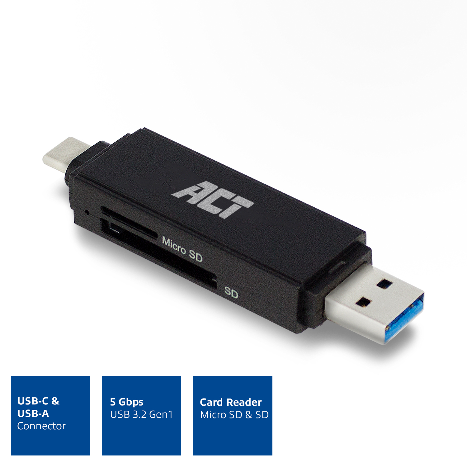 Zwarte USB-C en USB-A kaartlezer. Tekst: USB-C & USB-A Connector, 5 Gbps USB 3.2 Gen1, Card Reader.
